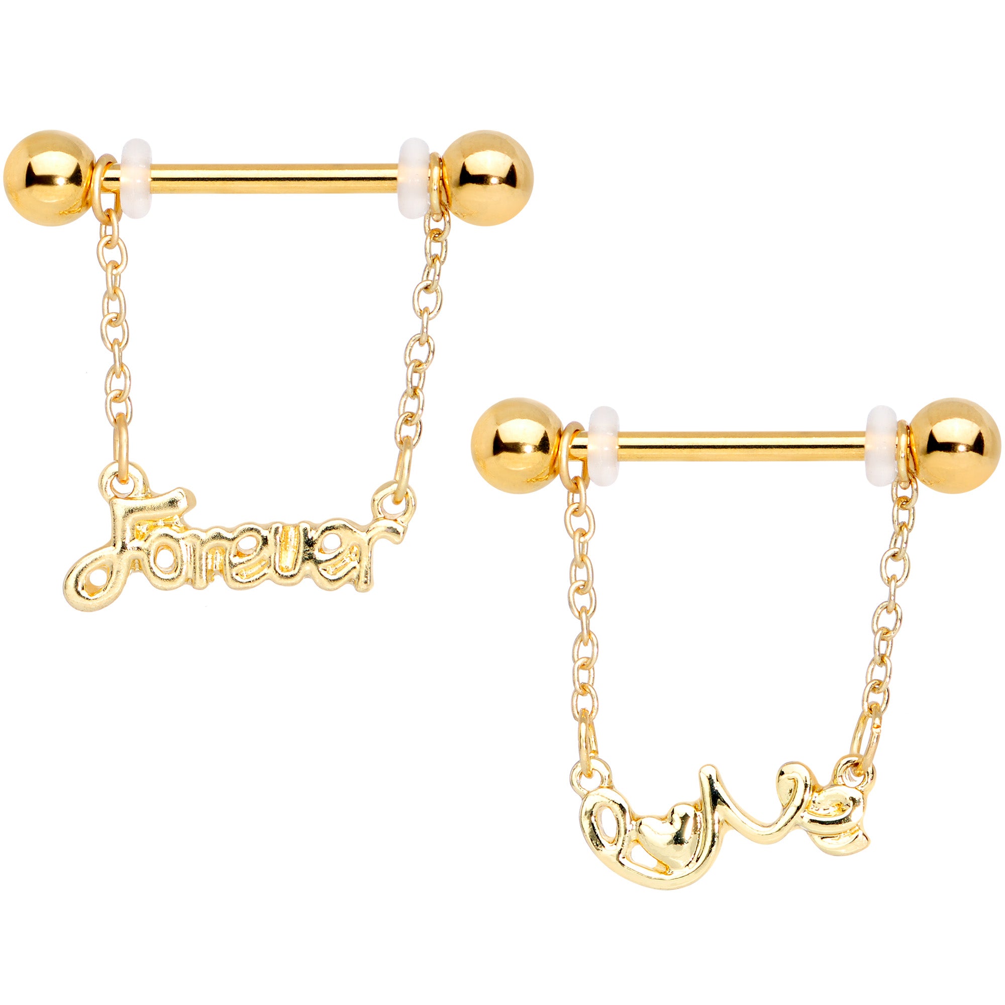 14G 1/2 Gold Tone Love Forever Chain Dangle Nipple Ring Set