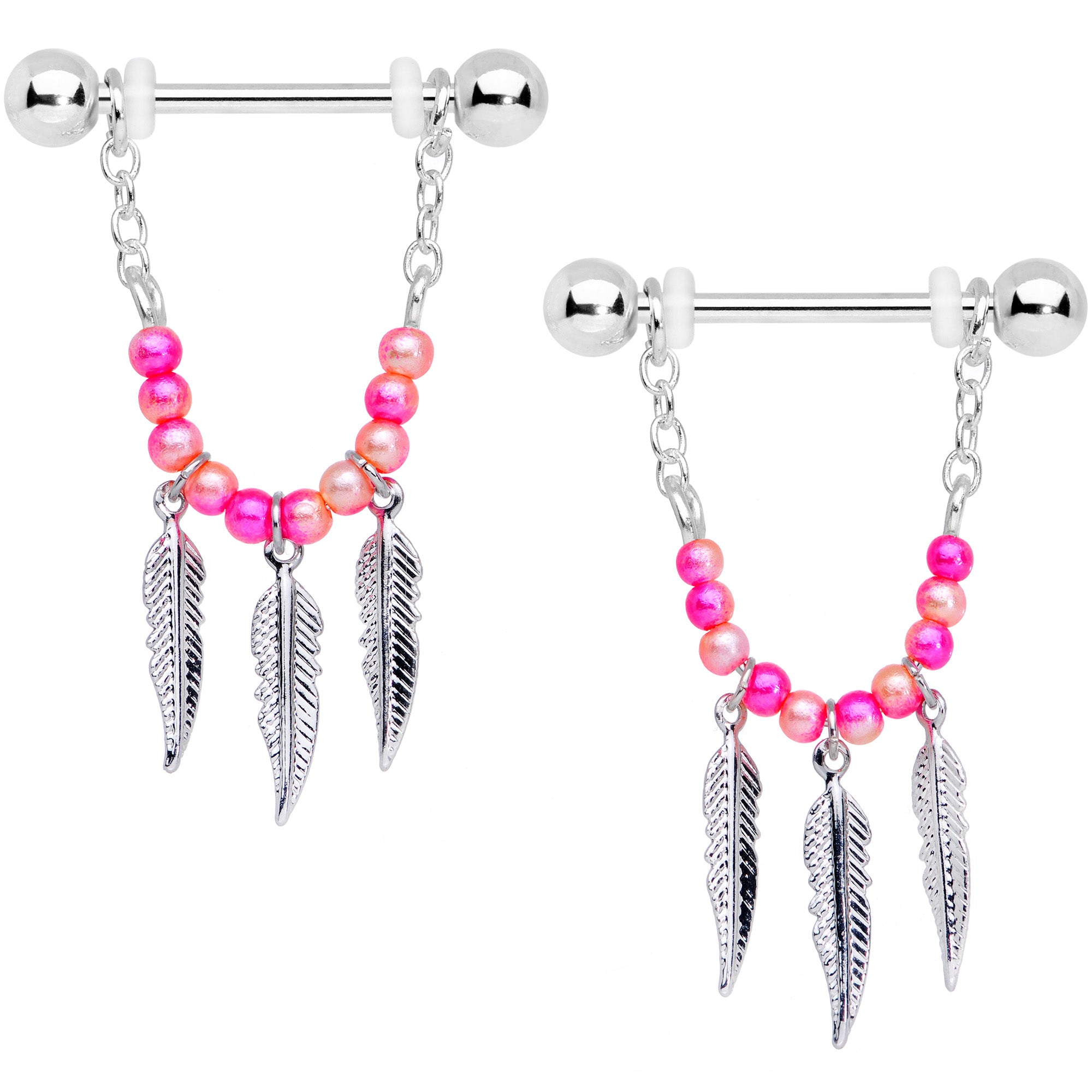 14G 1/2 Pink Peach Bead Feather Dangle Nipple Ring Set