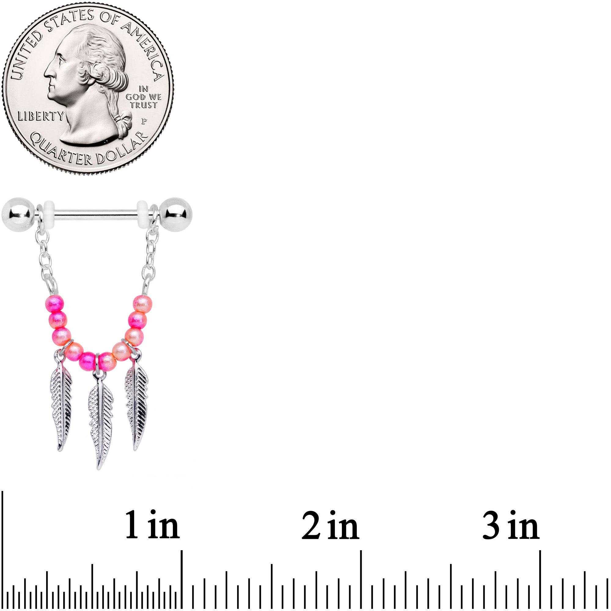 14G 1/2 Pink Peach Bead Feather Dangle Nipple Ring Set