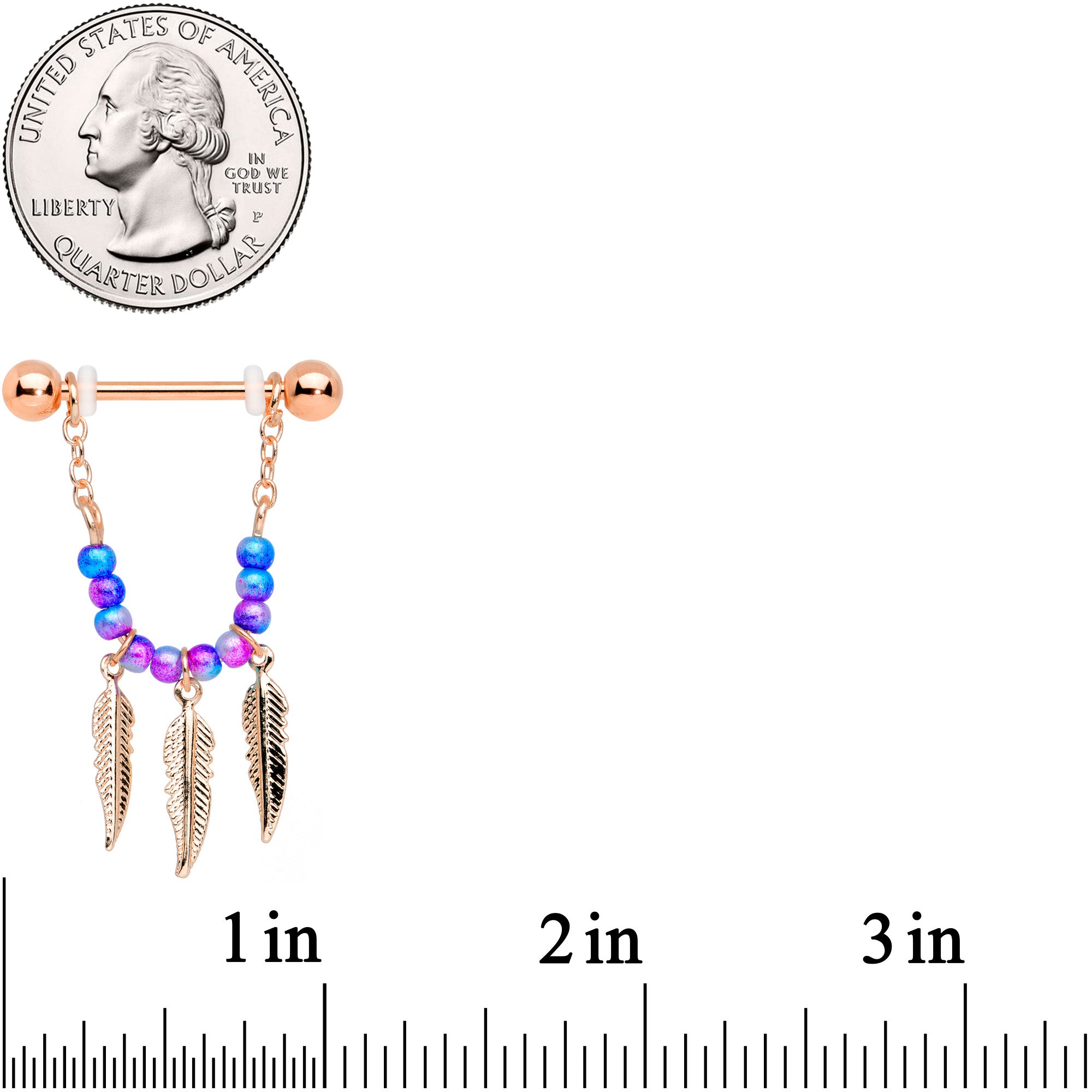 14G 1/2 Rose Gold Tone Blue Pink Bead Feather Dangle Nipple Set