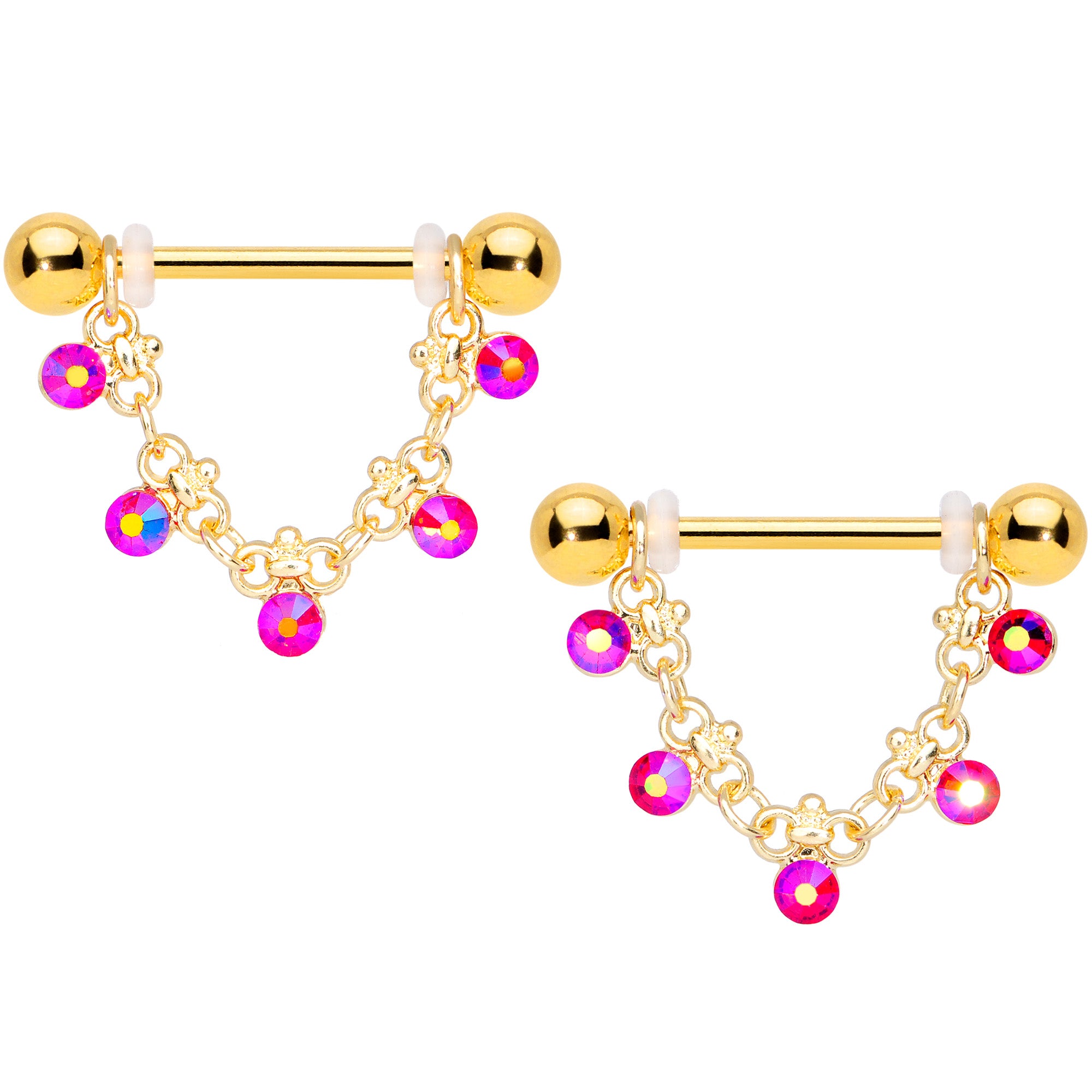 14G 3/4 Aurora Gem Gold Tone Chain Dangle Nipple Ring Set
