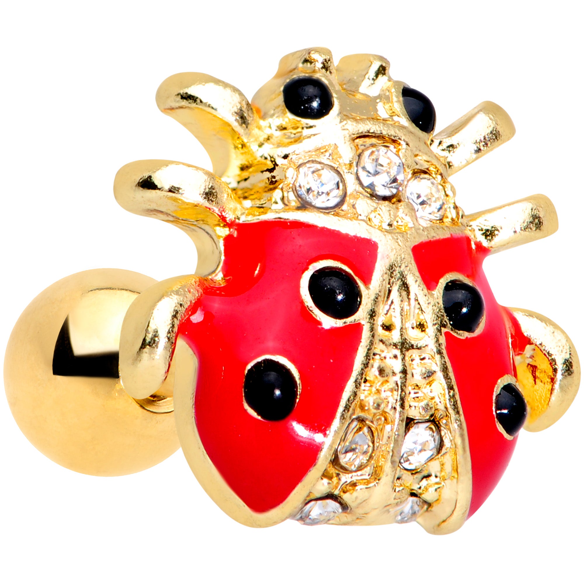 16G 1/4 Clear Black Gem Gold Tone Ladybug Cartilage Tragus Earring