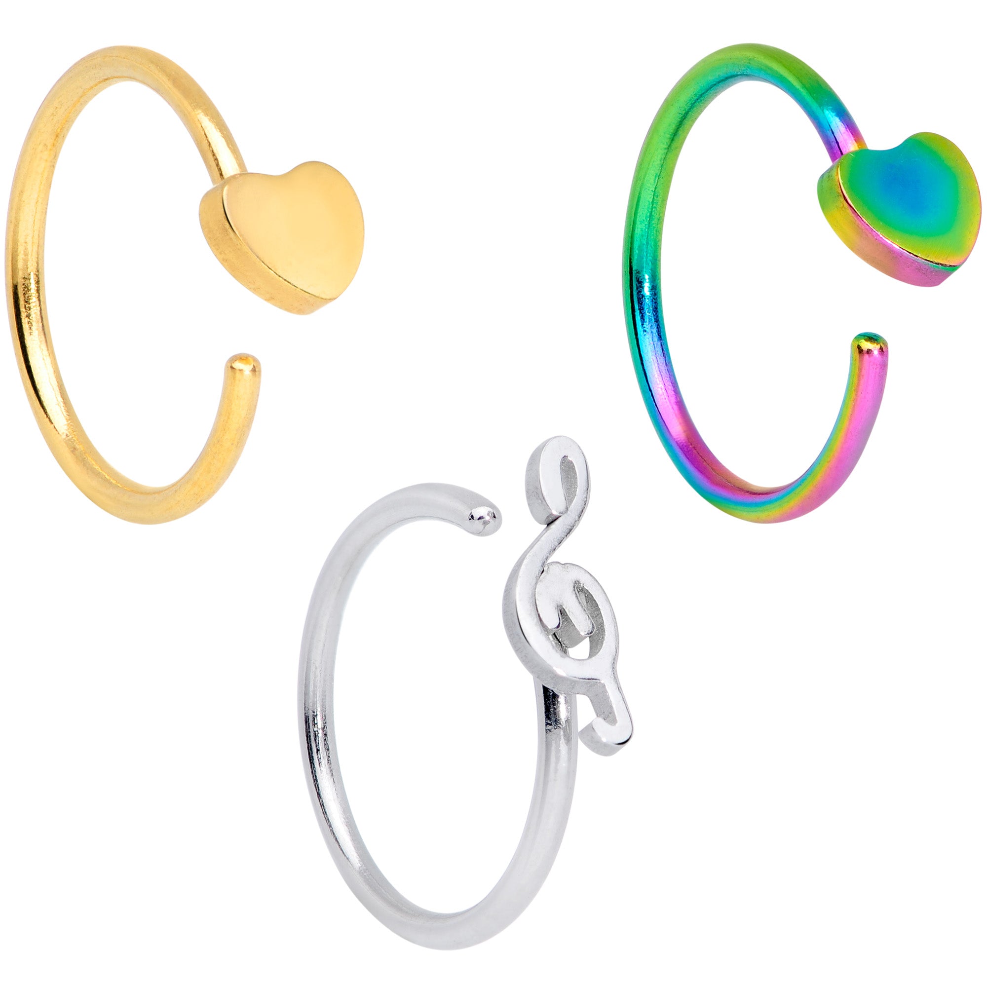 20G 5/16 Gold Rainbow Plated Heart Music Nose Hoop Set of 3