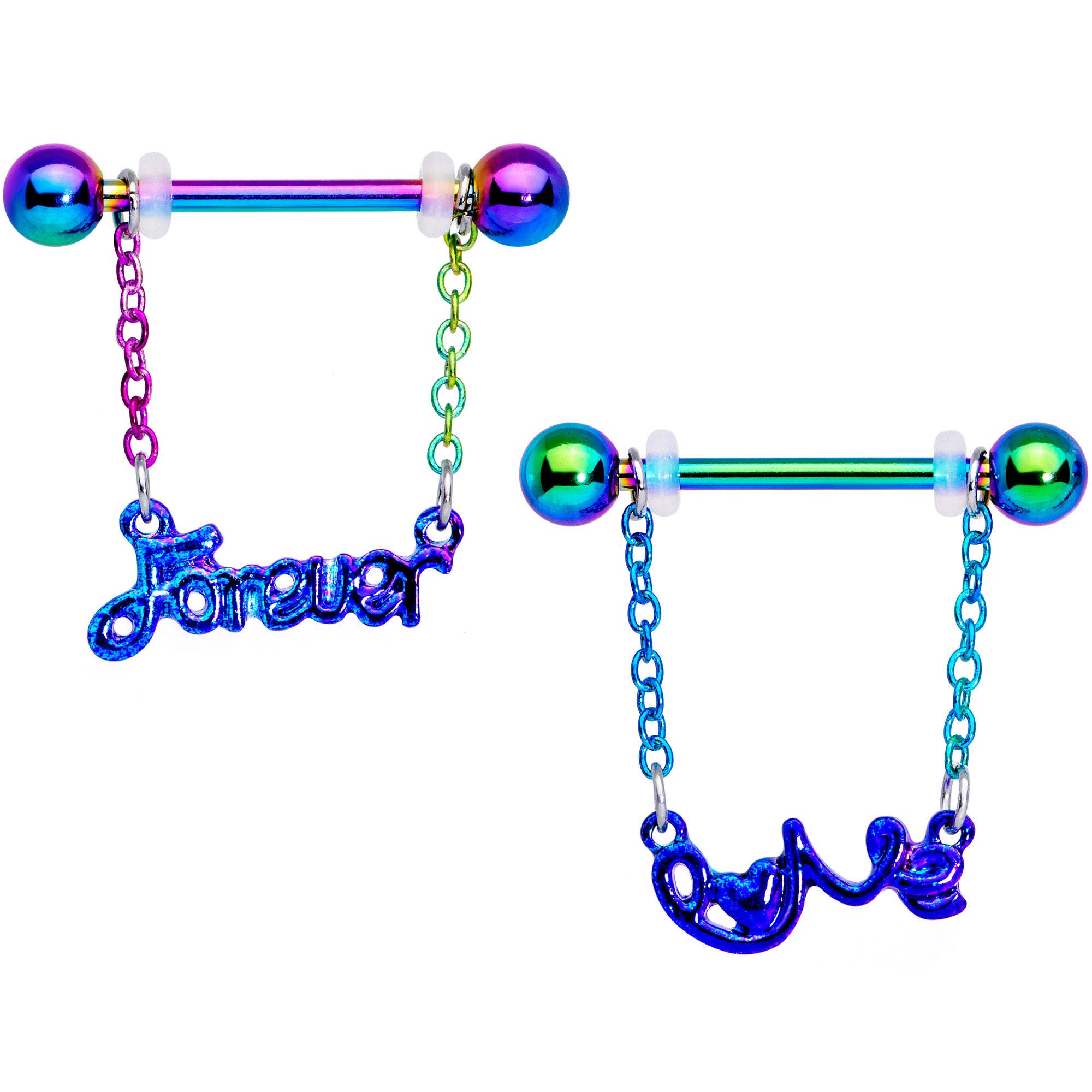 14G 18mm Rainbow Love Forever Chain Dangle Nipple Ring Set