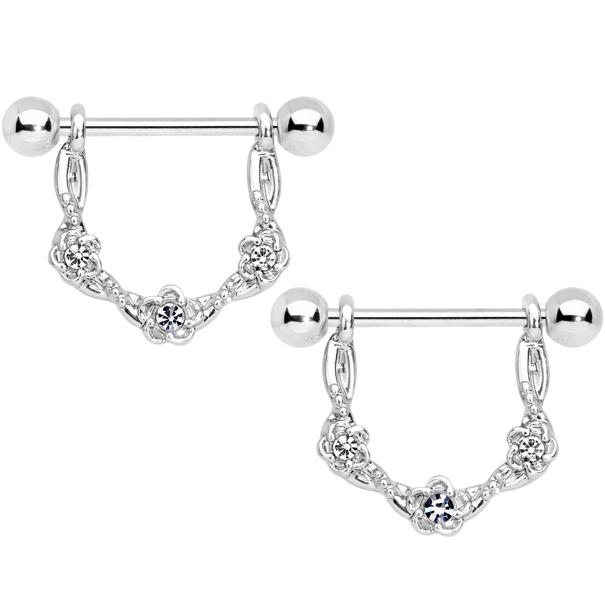 14G 3/4 Clear Gem Knotted Flower Dangle Nipple Ring Set