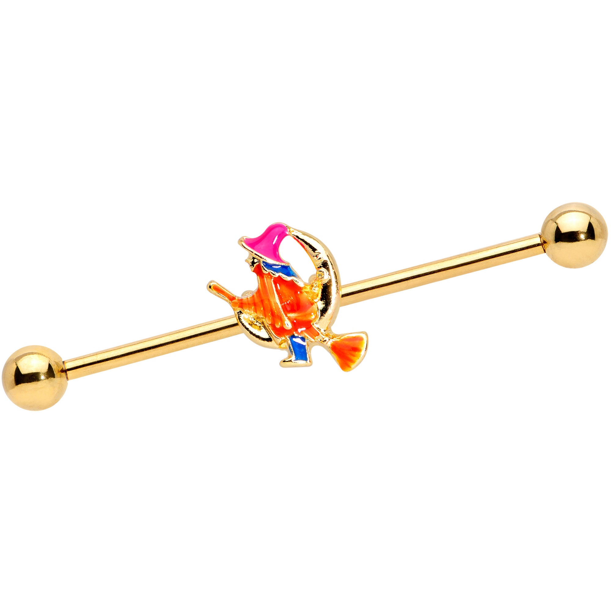 14G Gold Tone Red Witch Moon Halloween Industrial Barbell 38mm