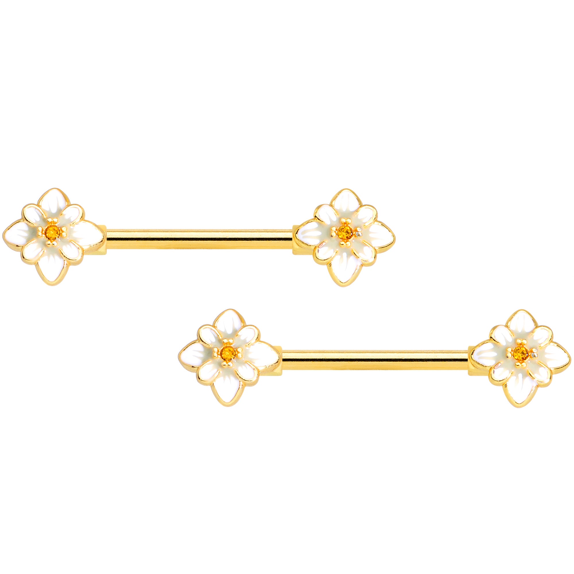 14G 9/16 Yellow Gem Gold Tone Flower Barbell Nipple Ring Set