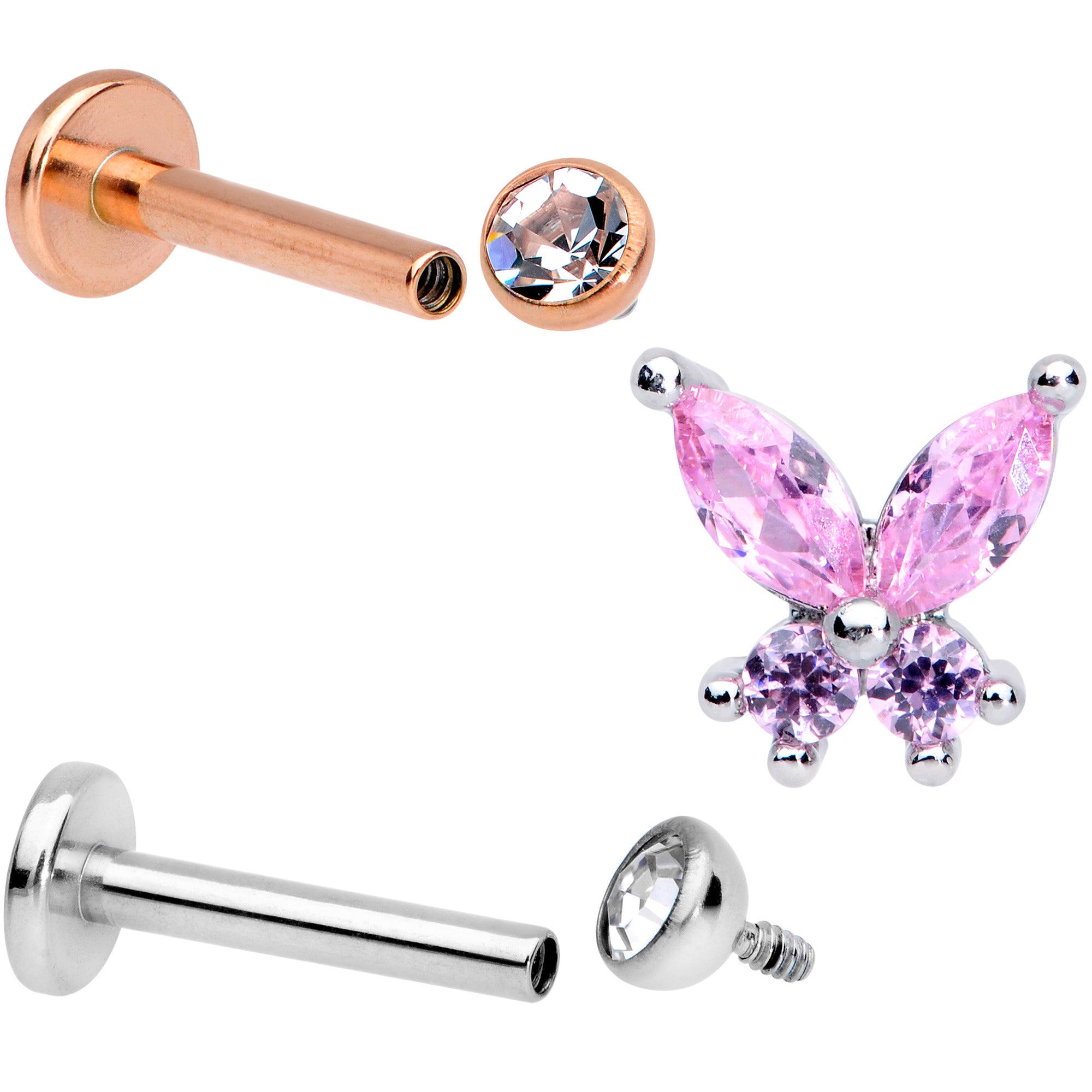 16G 5/16 Pink Clear CZ Gem Internal Thread Labret Tragus Set of 3