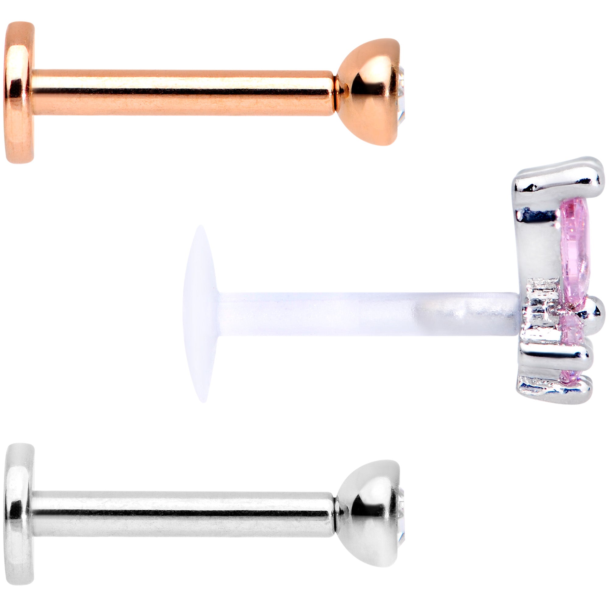 16G 5/16 Pink Clear CZ Gem Internal Thread Labret Tragus Set of 3
