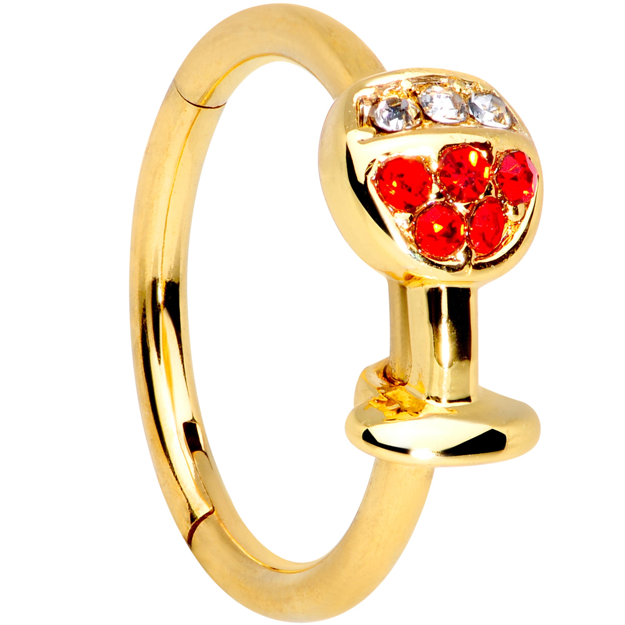 16G 3/8 Red Gem Gold Tone Wine Glass Hinged Septum Clicker
