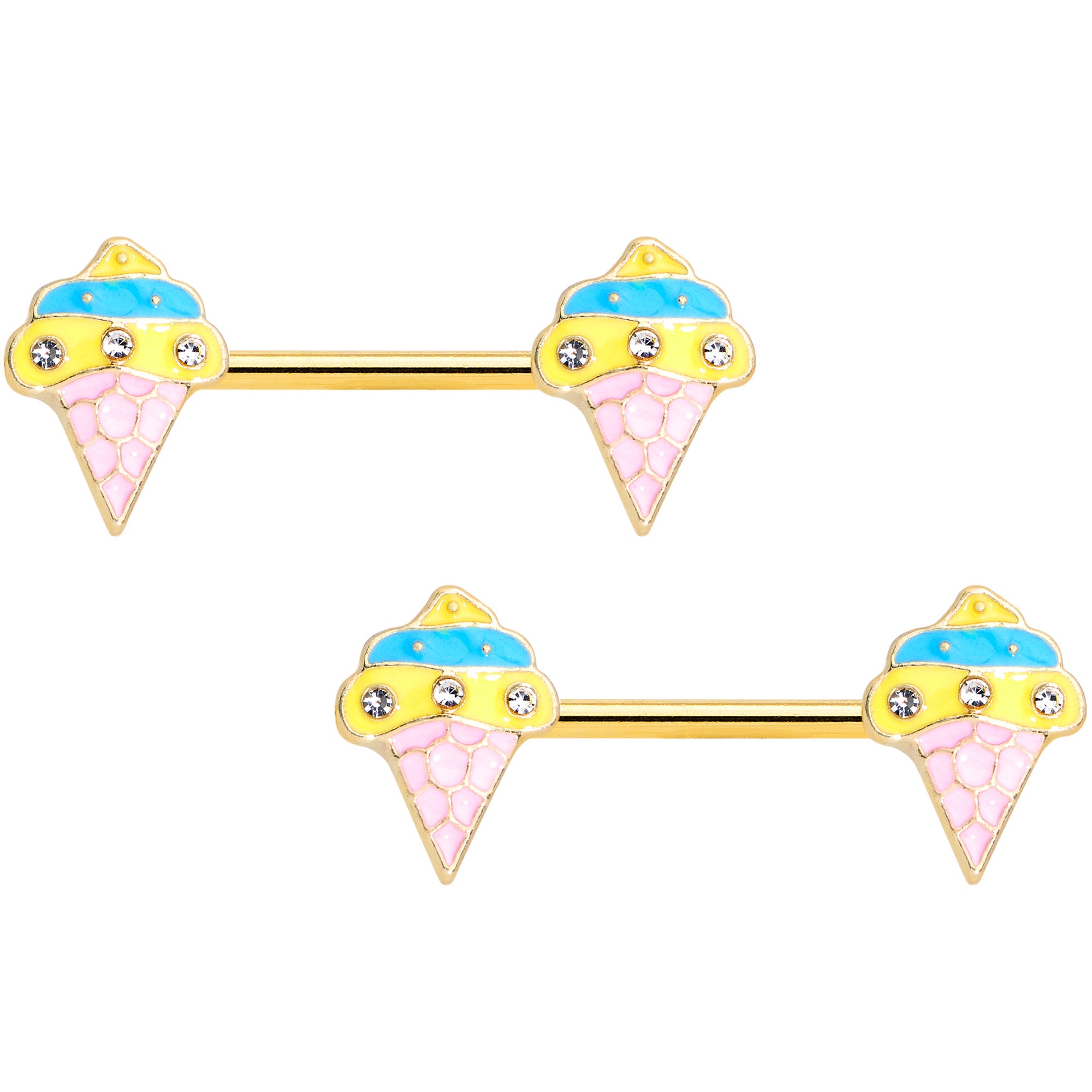 14G 9/16 Clear Gem Gold Tone Ice Cream Cone Nipple Ring Set