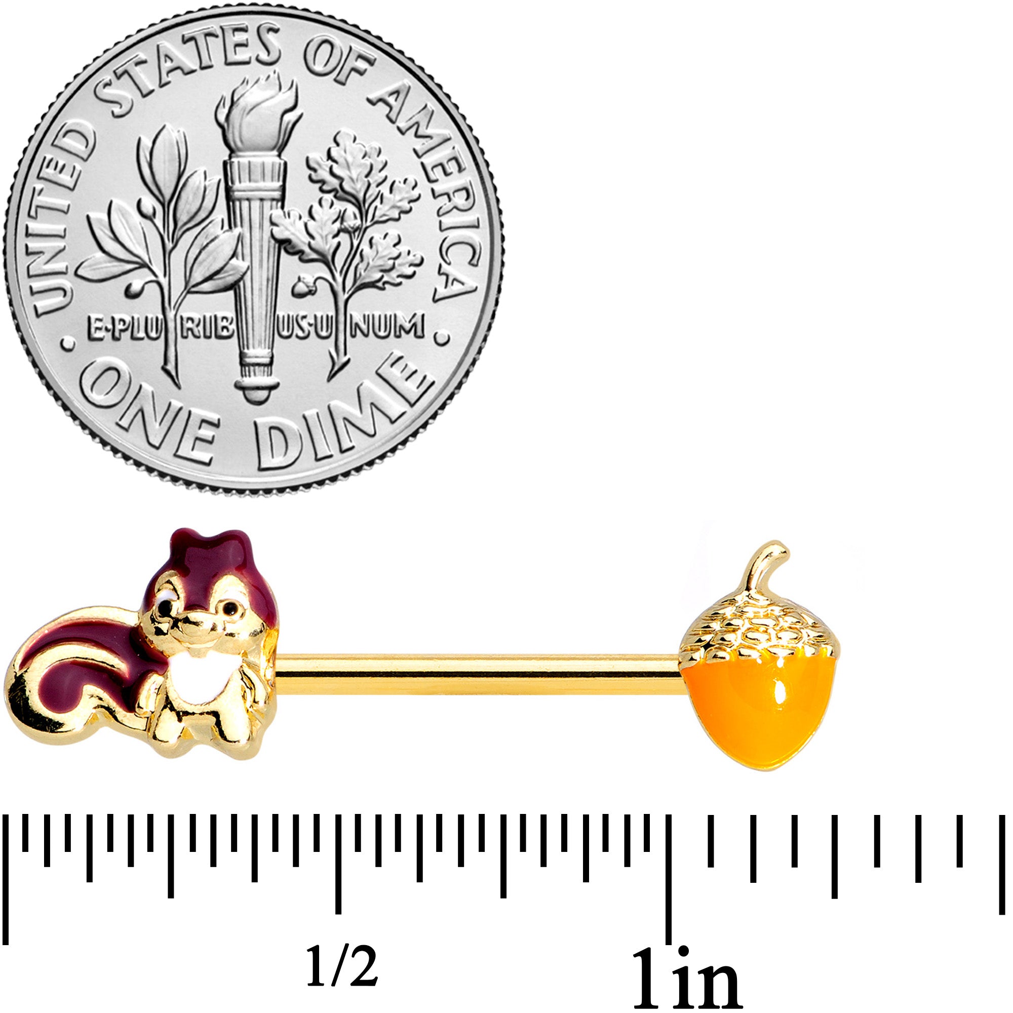 14G 9/16 Gold Tone Squirrel Acorn Barbell Nipple Ring Set