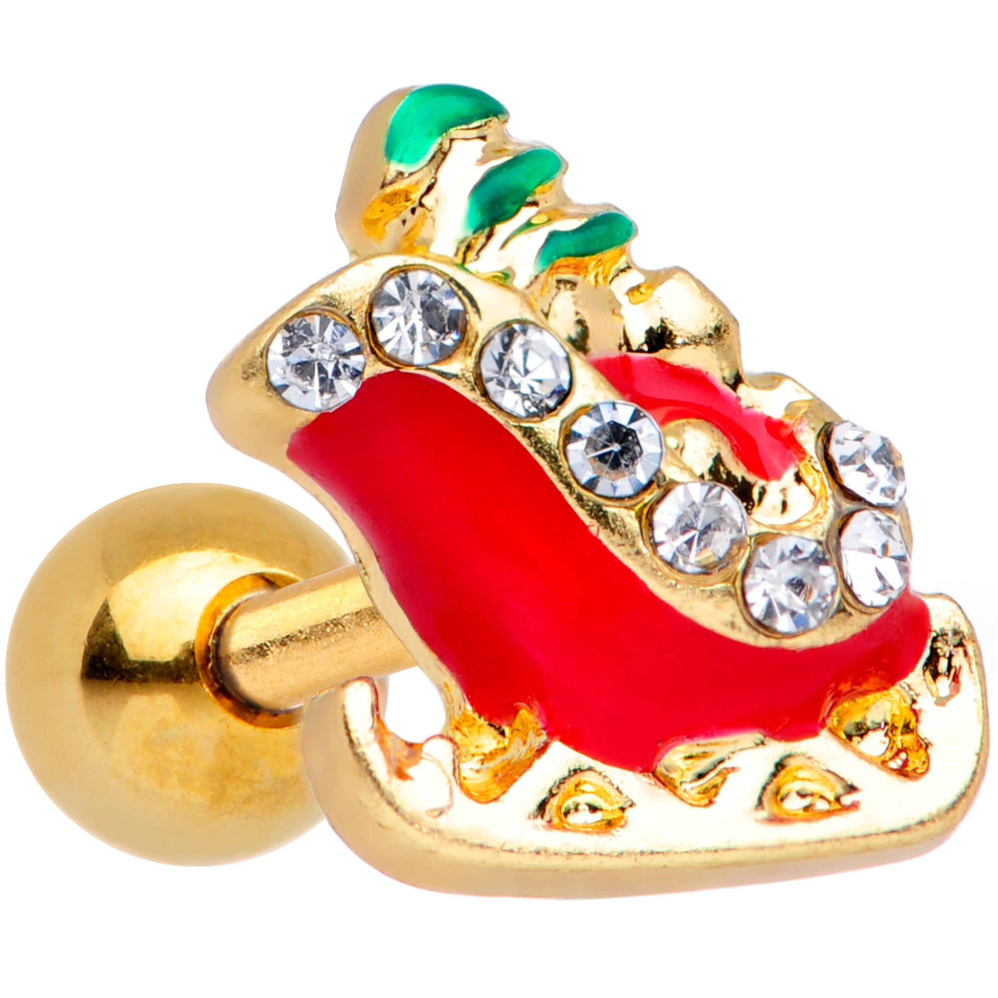 16G 1/4 Clear Gem Gold Tone Christmas Sleigh Cartilage Tragus