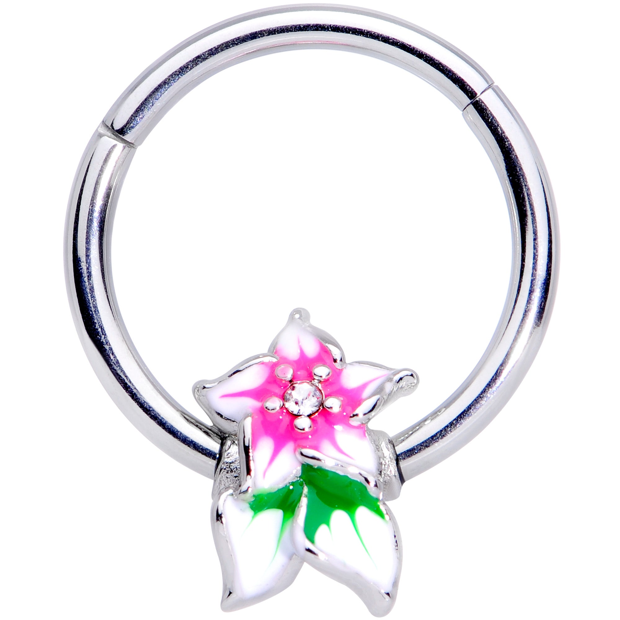 16G 3/8 Clear Gem Tropical Flower Hinged Septum Clicker