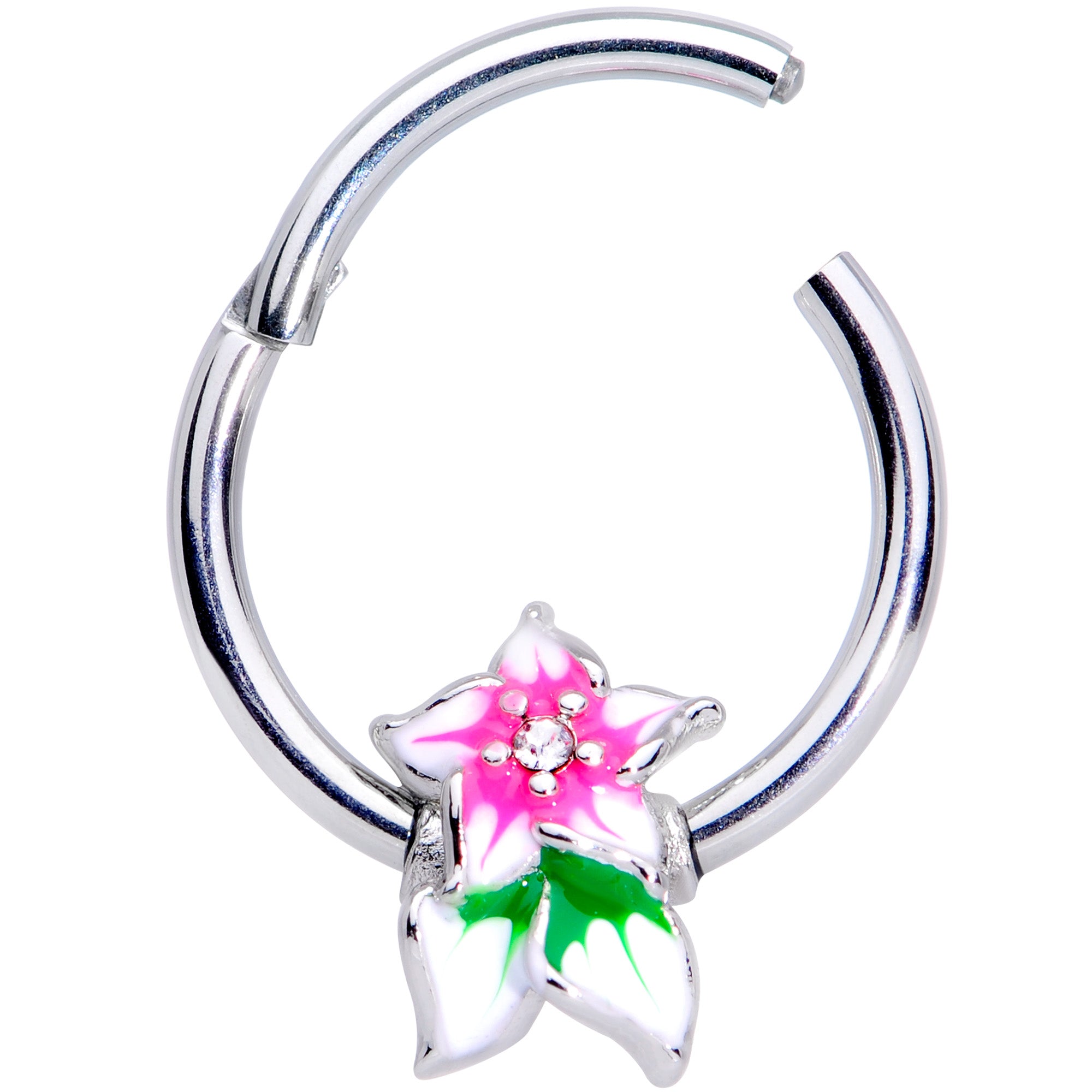 16G 3/8 Clear Gem Tropical Flower Hinged Septum Clicker