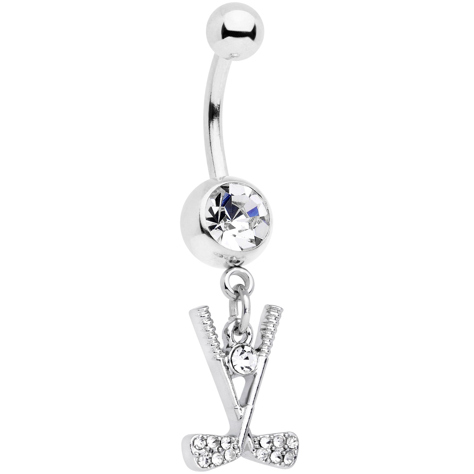 Clear CZ Gem Crossed Golf Clubs Dangle Belly Ring