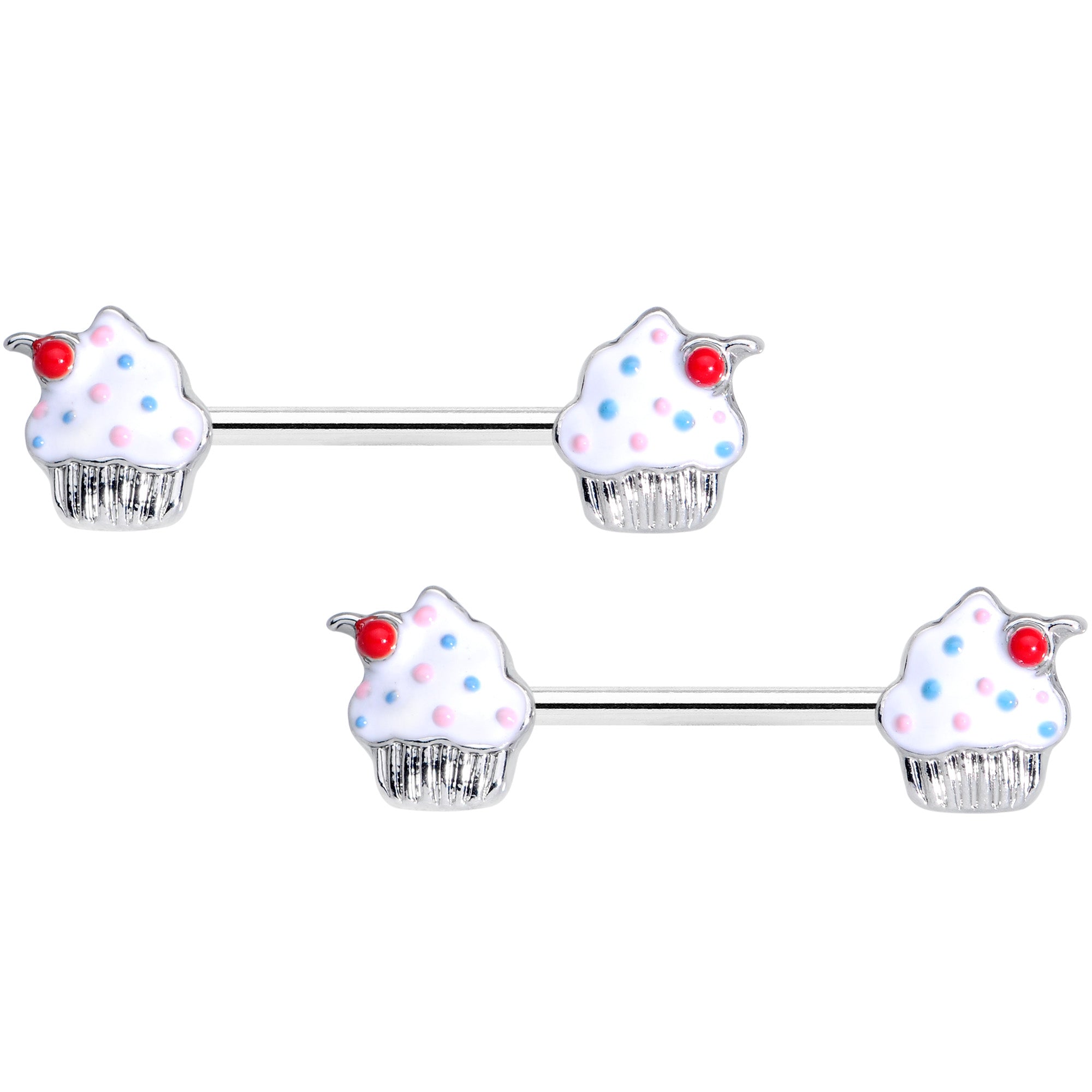 14G 9/16 Red White Sprinkle Cherry Cupcake Barbell Nipple Ring Set