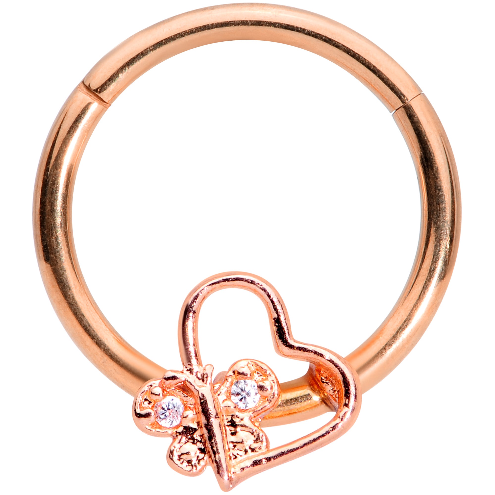 16G 3/8 Clear CZ Gem Rose Gold Tone Heart Septum Clicker