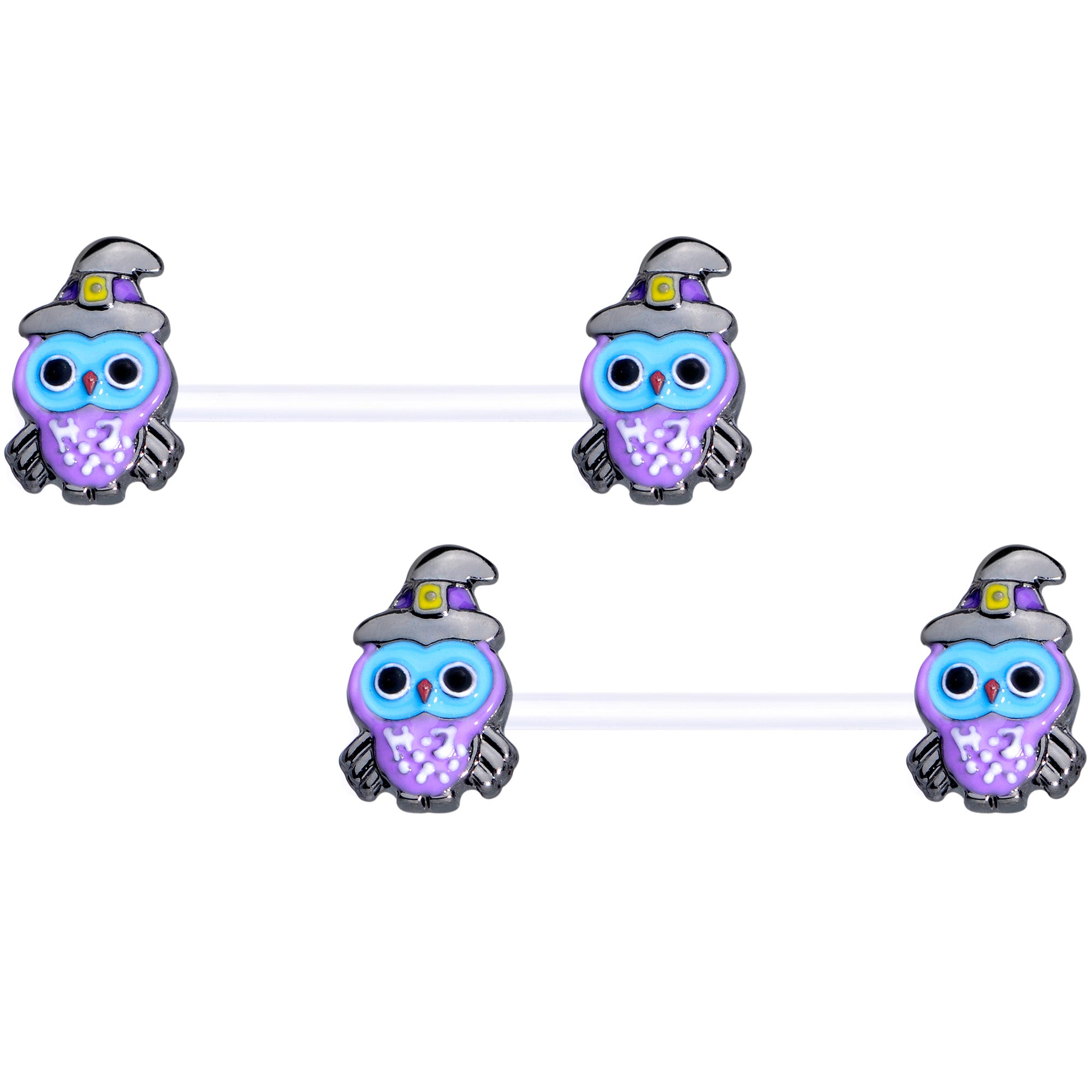 14G 9/16 Clear Bioplast Witch Owl Halloween Nipple Ring Set