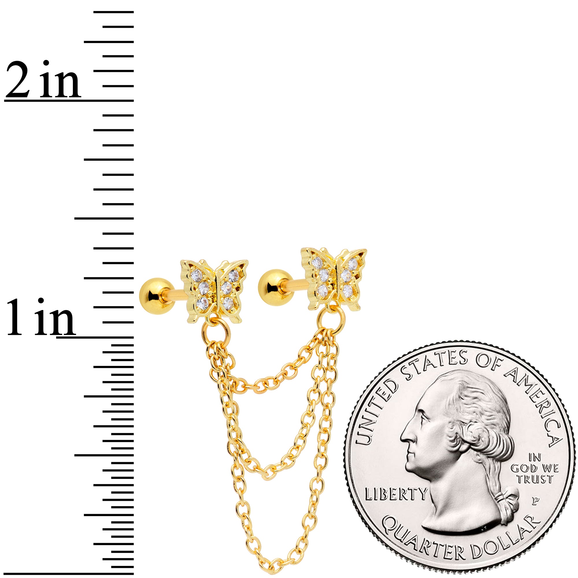 16G 1/4 Clear CZ Gem Gold Tone Butterfly Dangle Chain Earring