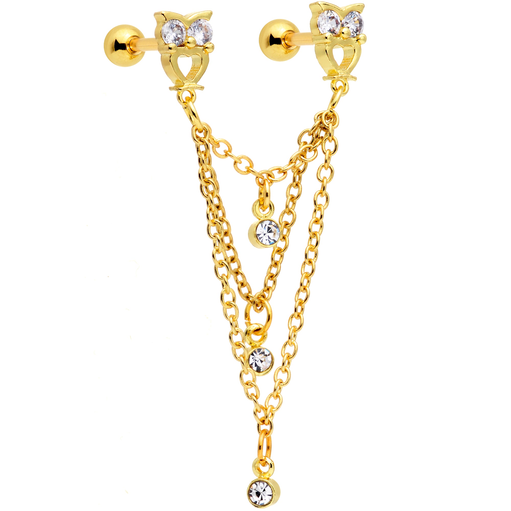 16G 1/4 Clear CZ Gem Gold Tone Owl Dangle Cartilage Chain Earring