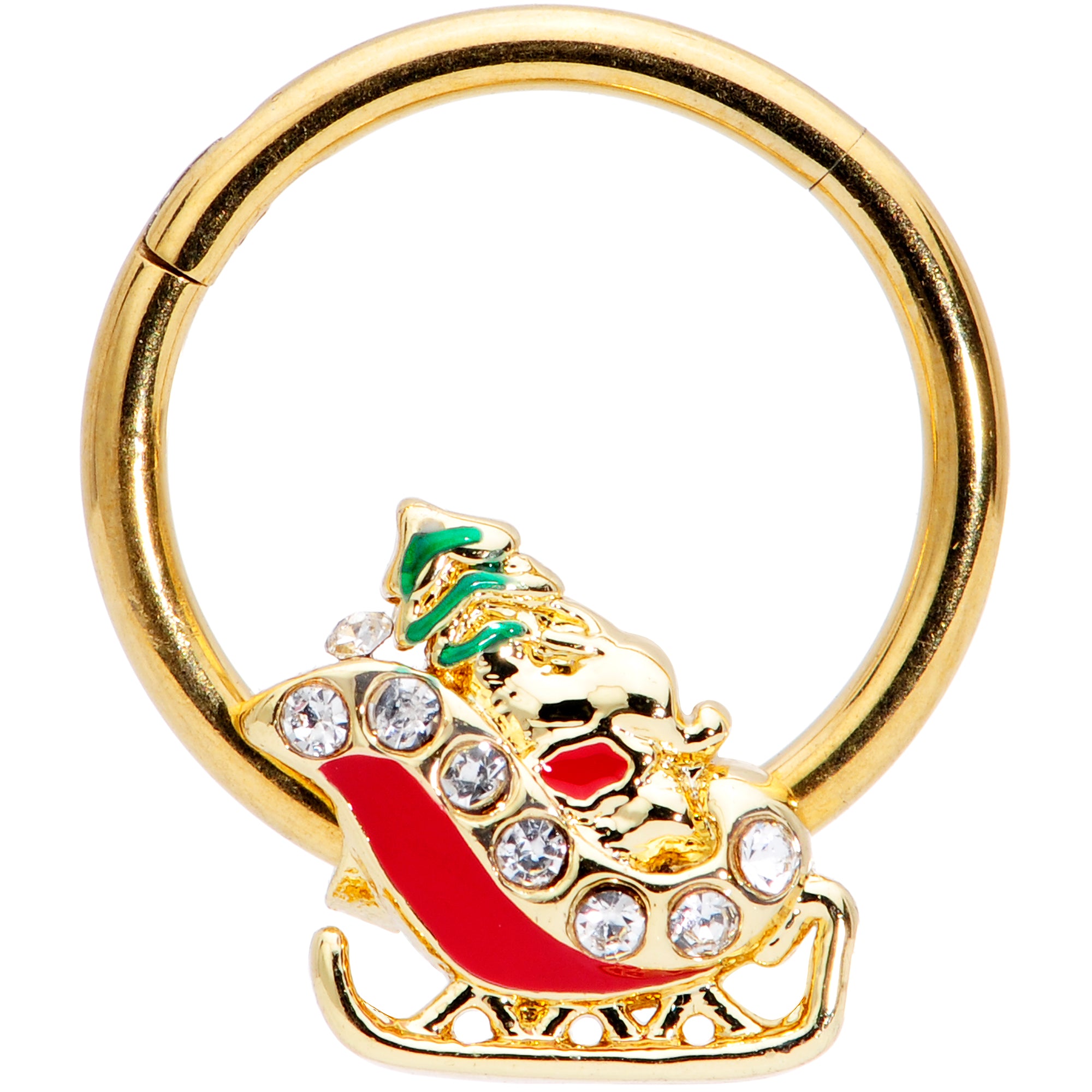16G 3/8 Clear Gem Gold Tone Santa Sleigh Christmas Septum Clicker