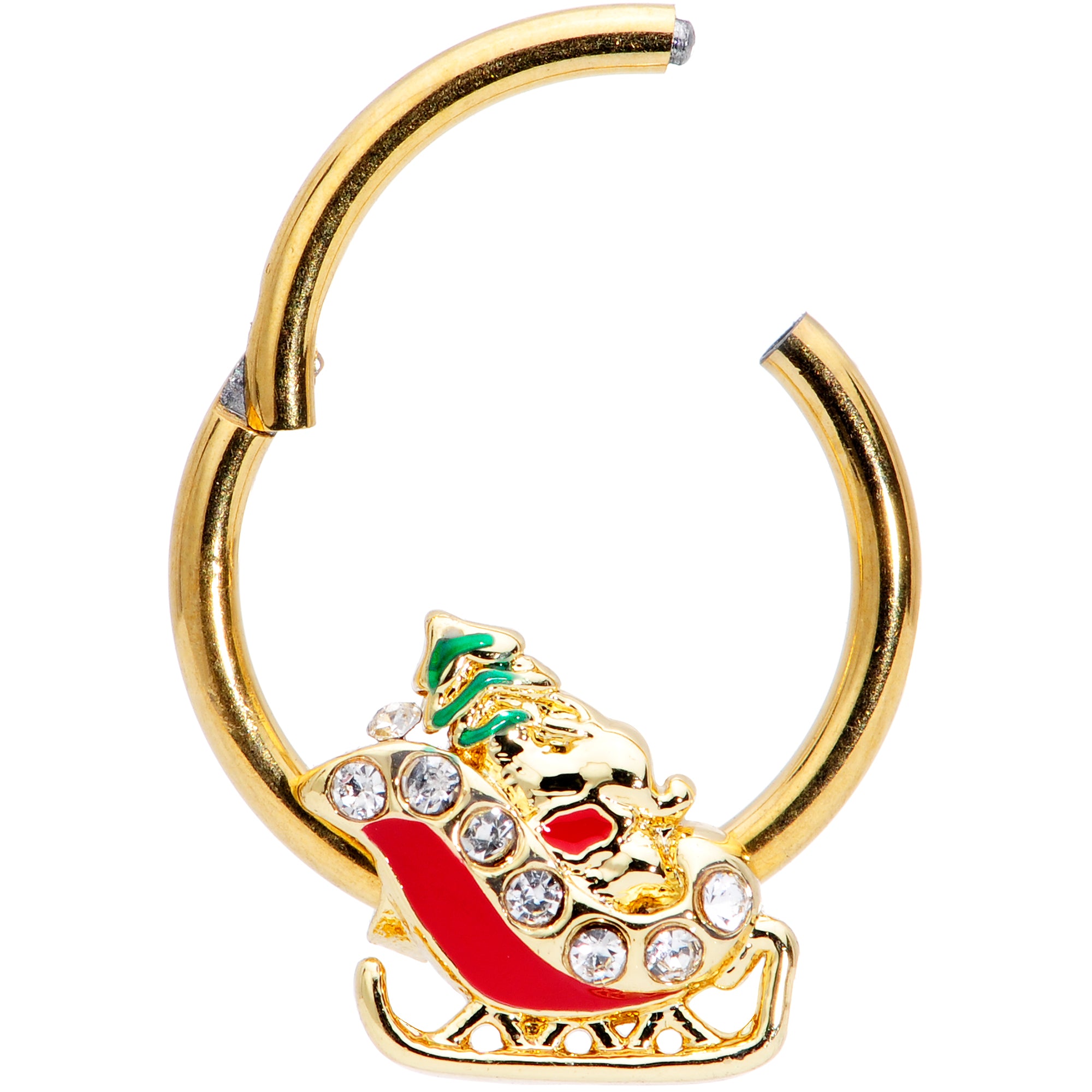 16G 3/8 Clear Gem Gold Tone Santa Sleigh Christmas Septum Clicker