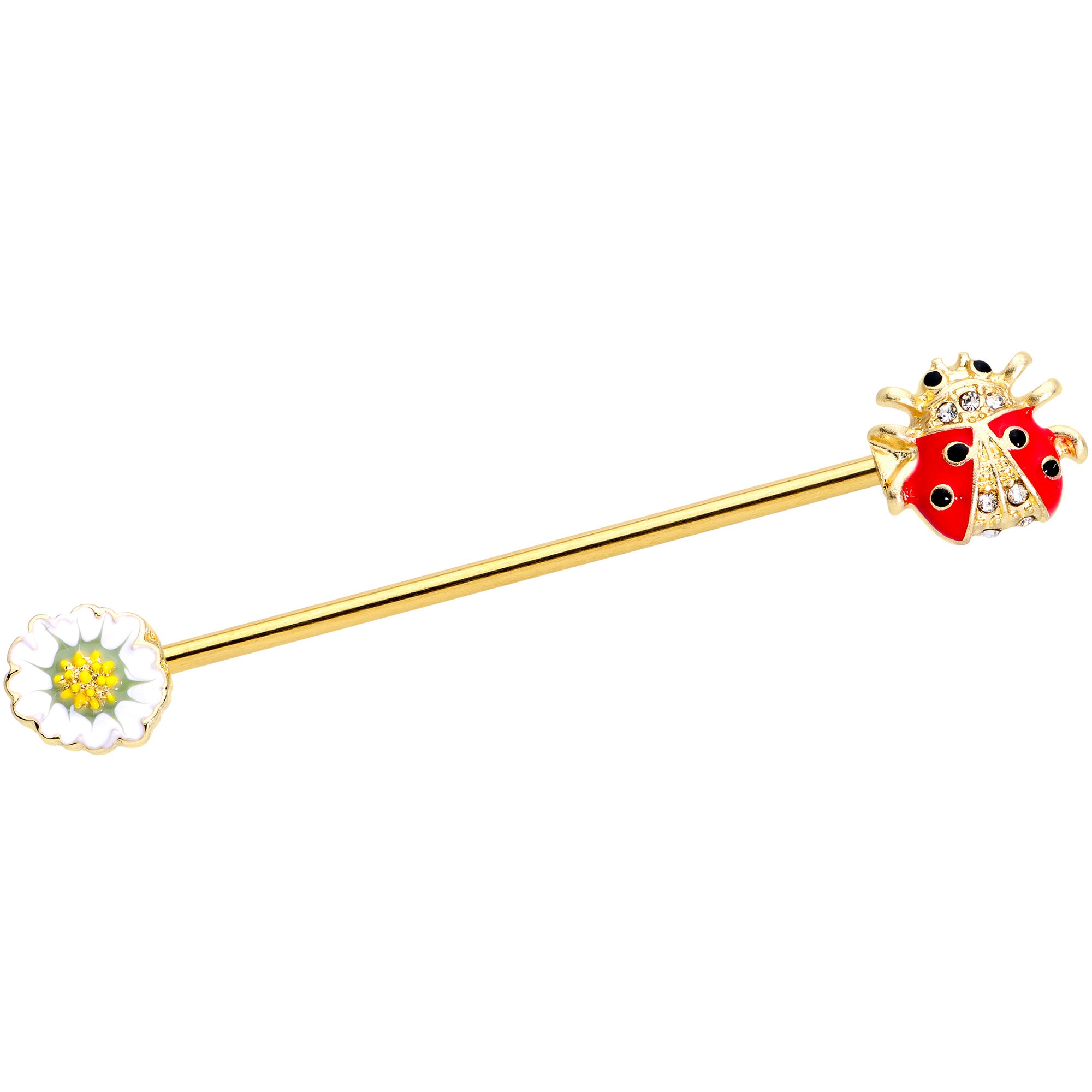 14G Clear Gem Gold Tone Ladybug Flower Industrial Barbell 38mm