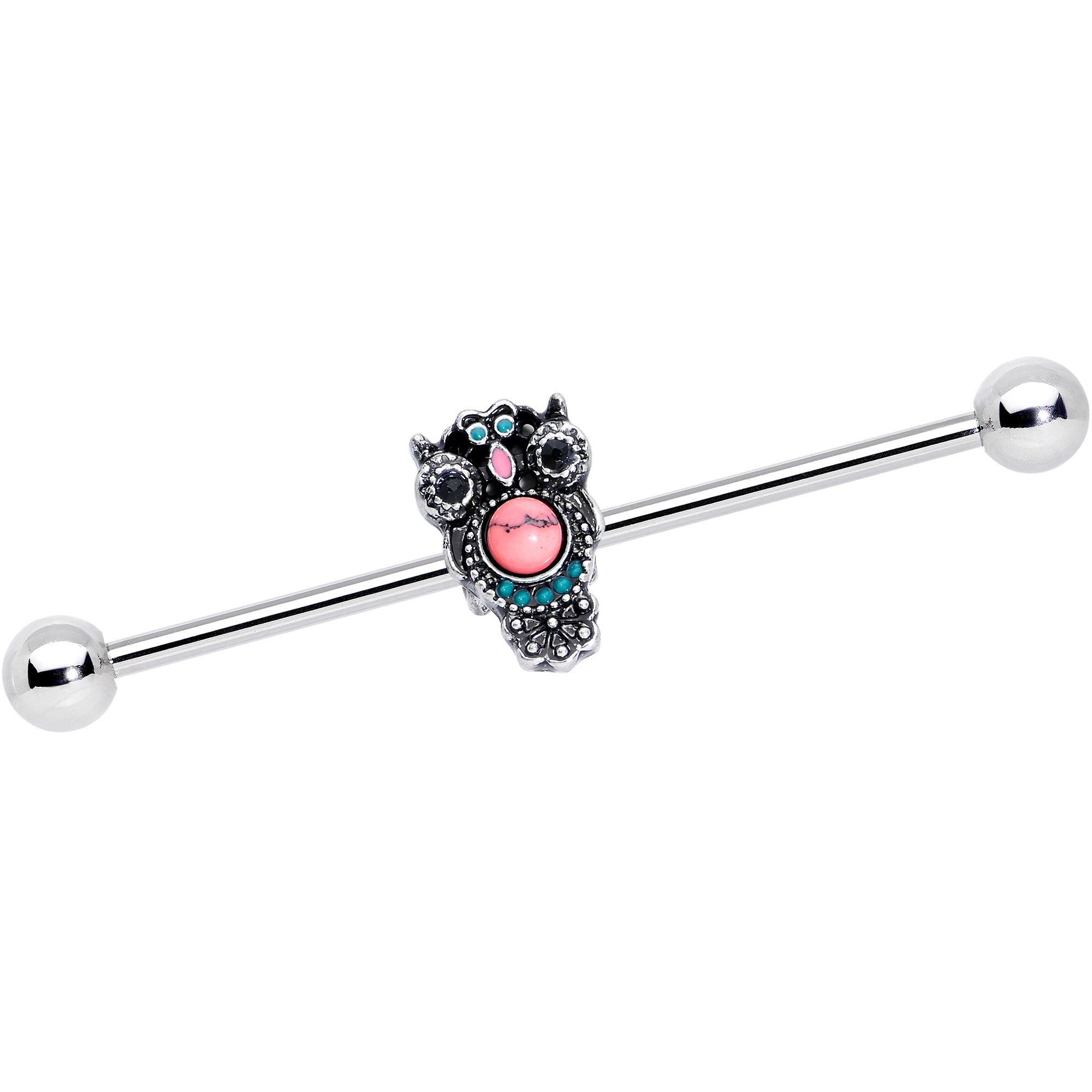 14G Black Gem Pink Orb Owl Industrial Barbell 38mm