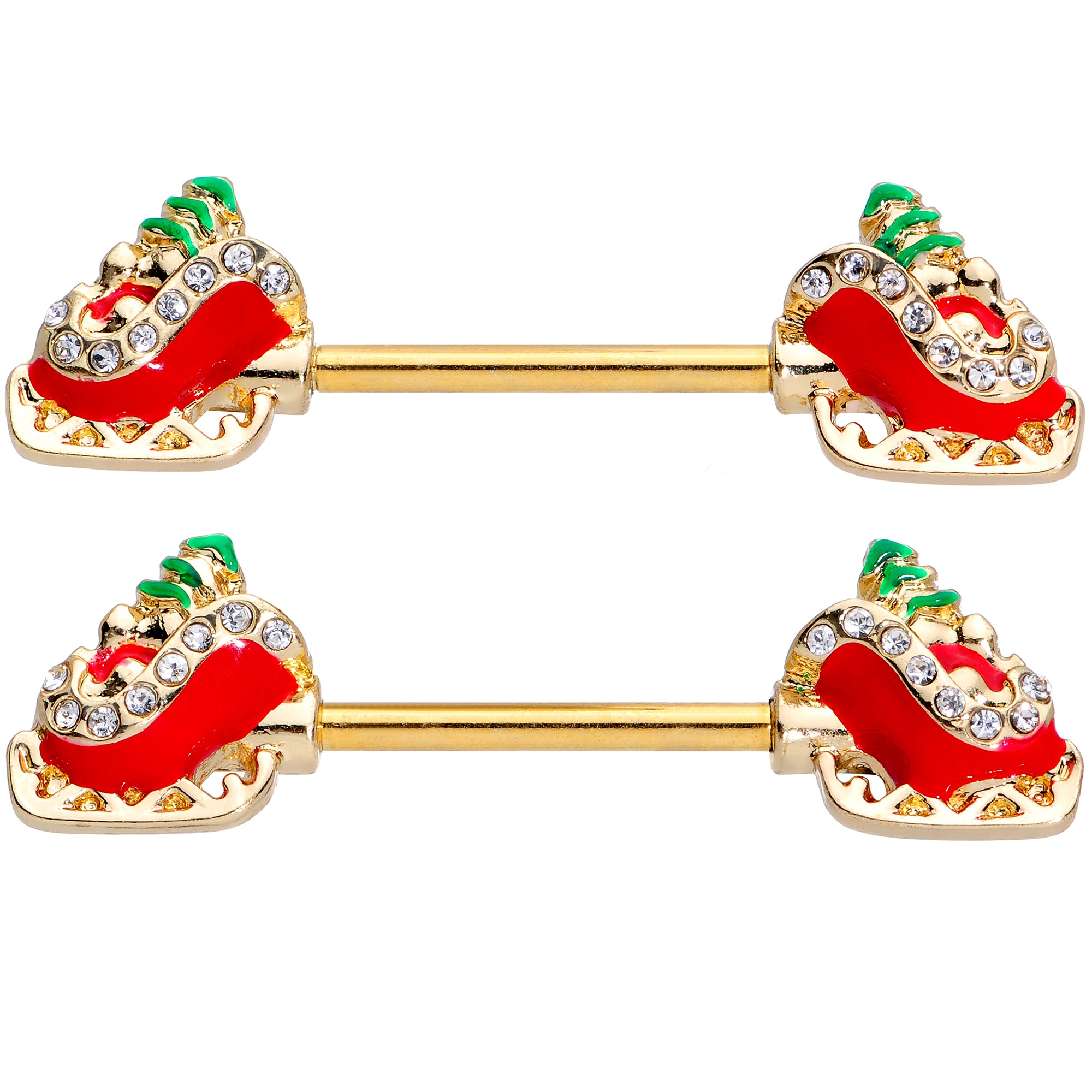 14G 9/16 Clear Gem Santa Sleigh Christmas Barbell Nipple Ring Set