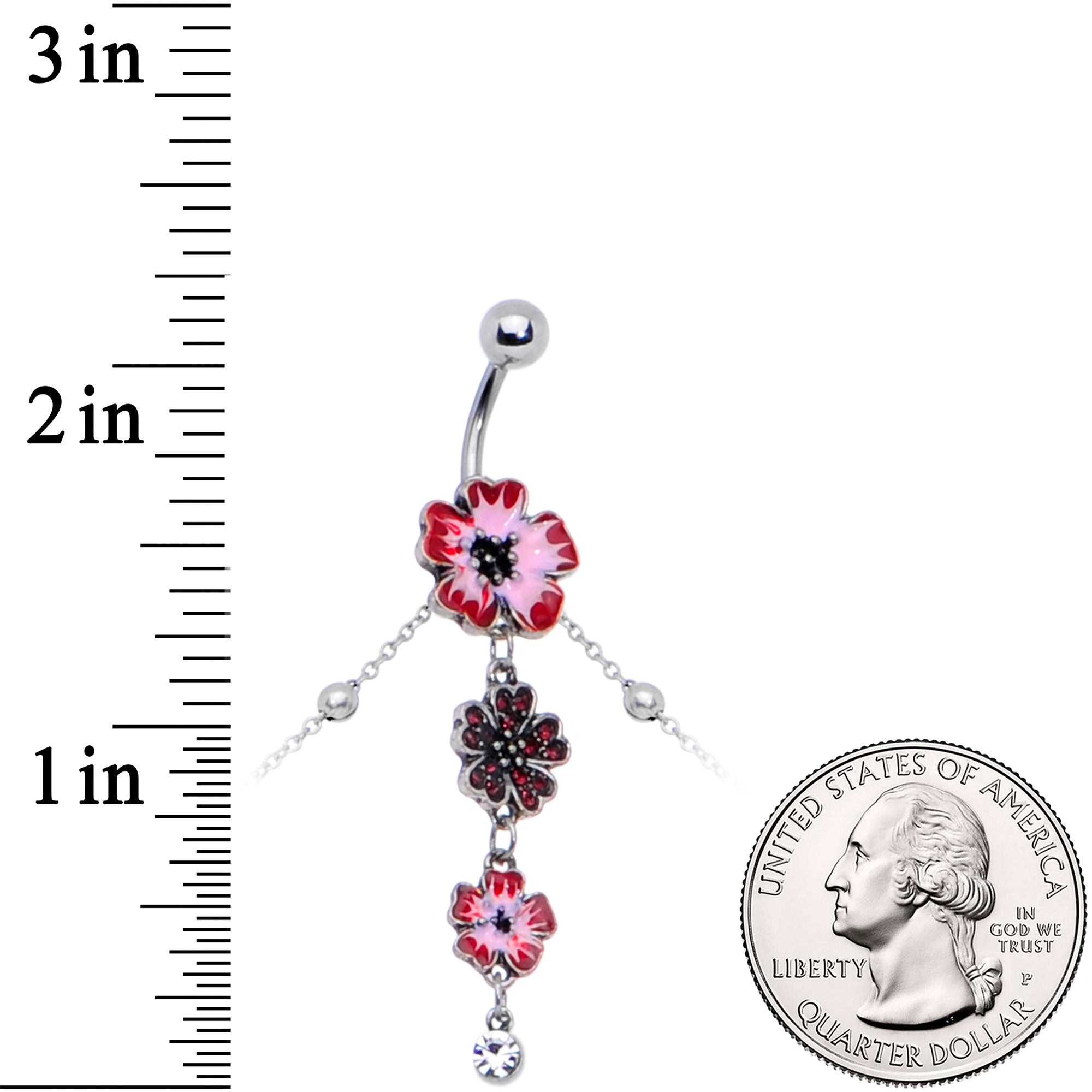 Clear Pink Gem Pink Tropical Flower Dangle Belly Ring Belly Chain