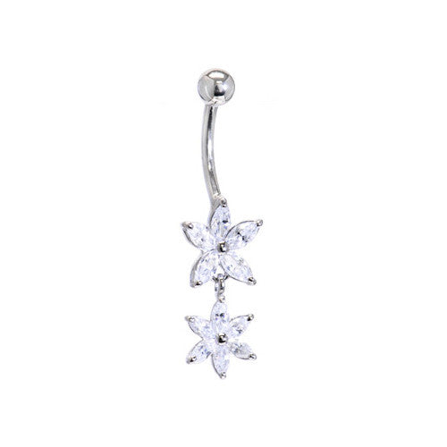 16G Solid 14K White Gold Cubic Zirconia DUAL LILY Dangle Belly Ring