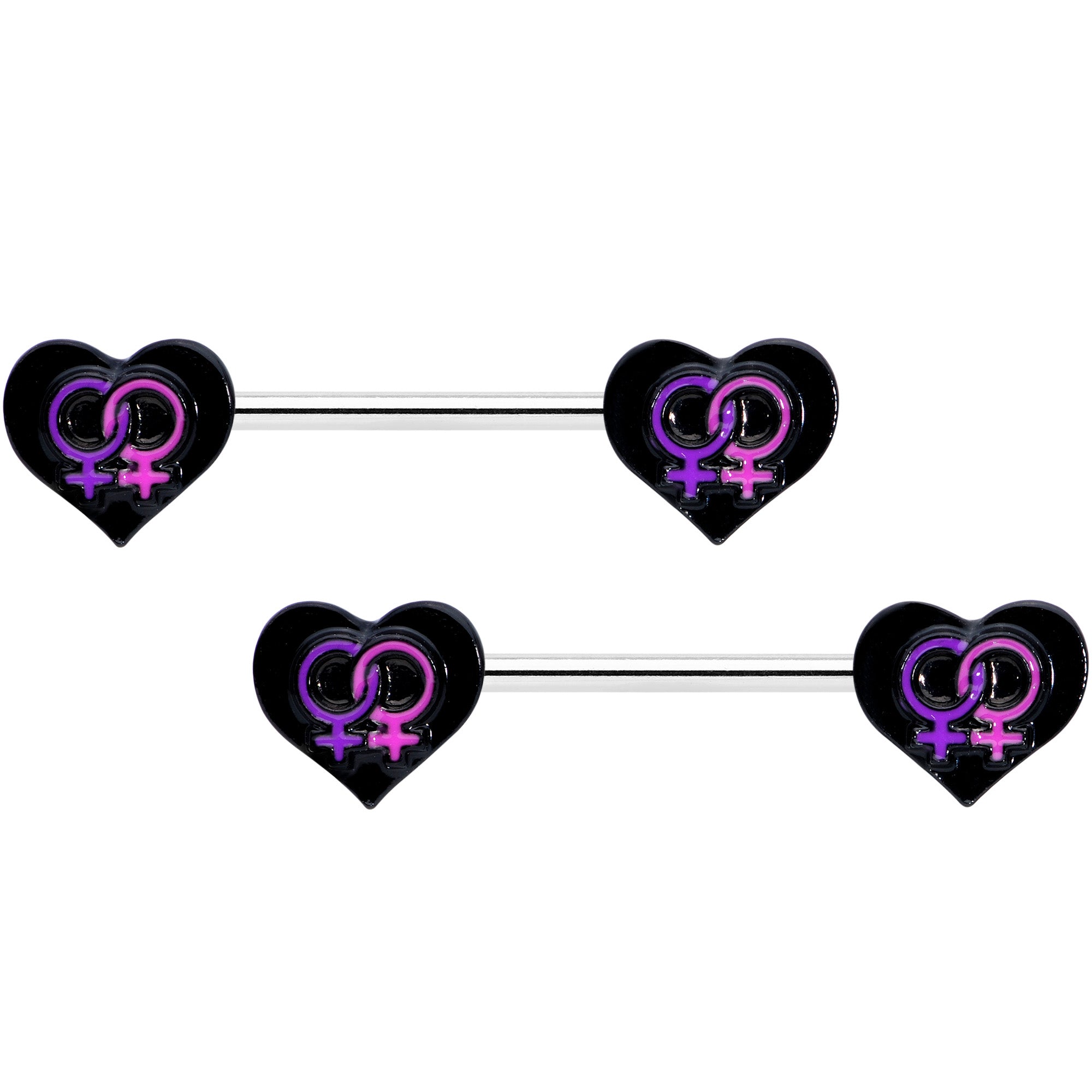 14G 9/16 Lesbian Love Heart Barbell Nipple Ring Set