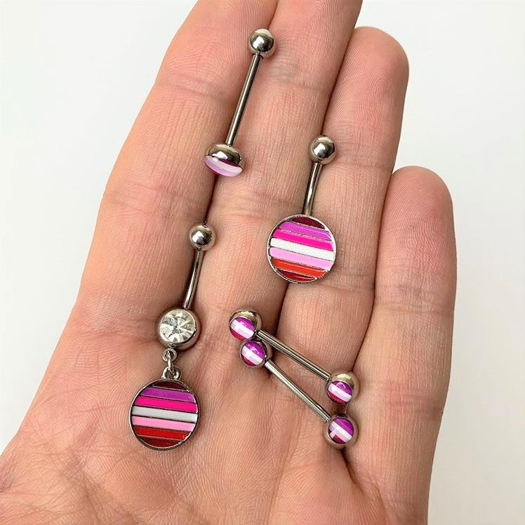 14G 9/16 Front Facing Lesbian Pride Flag Barbell Nipple Ring Set