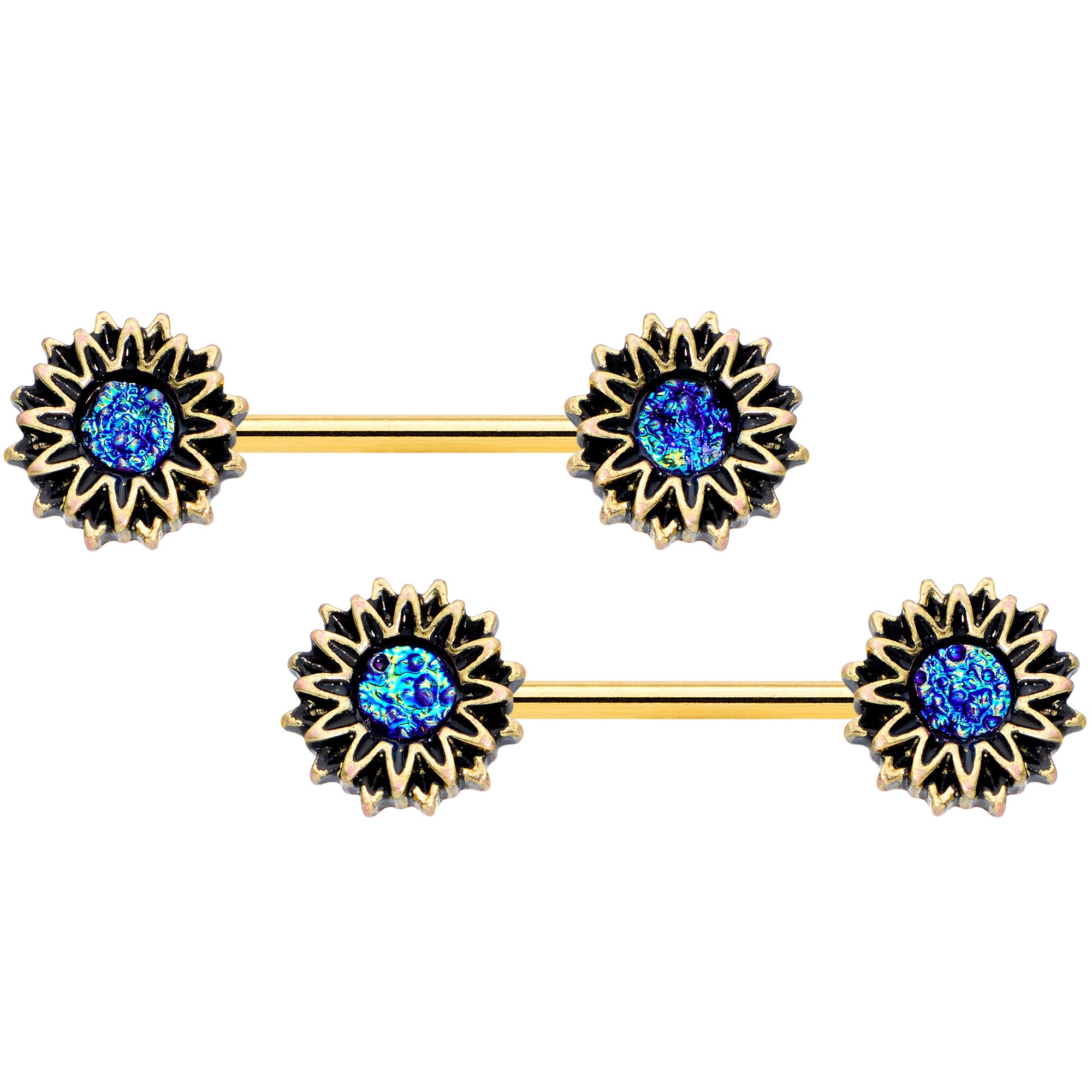 14G 9/16 Gold Tone Aqua Center Sunburst Barbell Nipple Ring Set