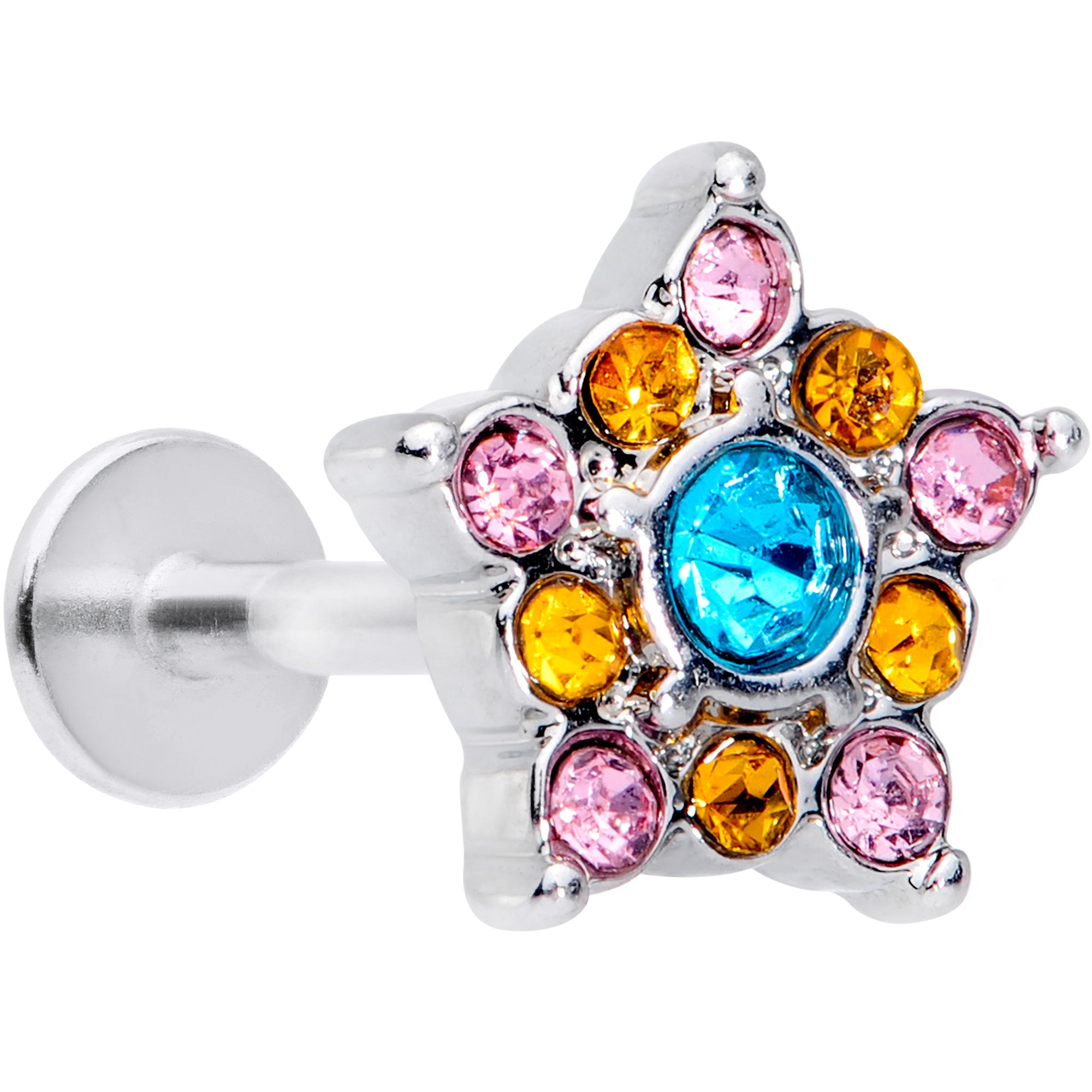 16G 3/8 Pink Yellow Blue Gem Showy Star Labret Monroe Tragus