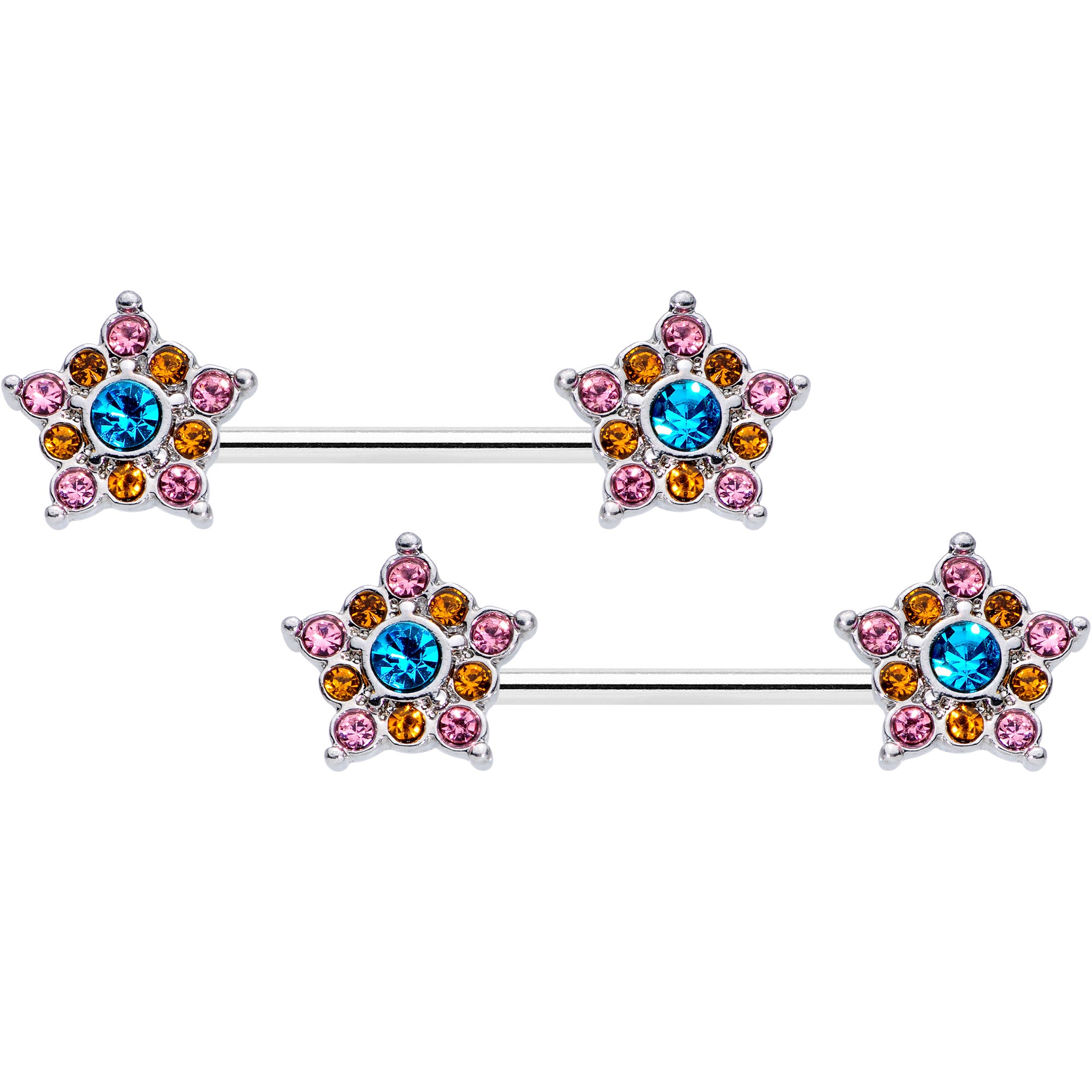 14G 9/16 Pink Yellow Blue Gem Showy Stars Barbell Nipple Ring Set