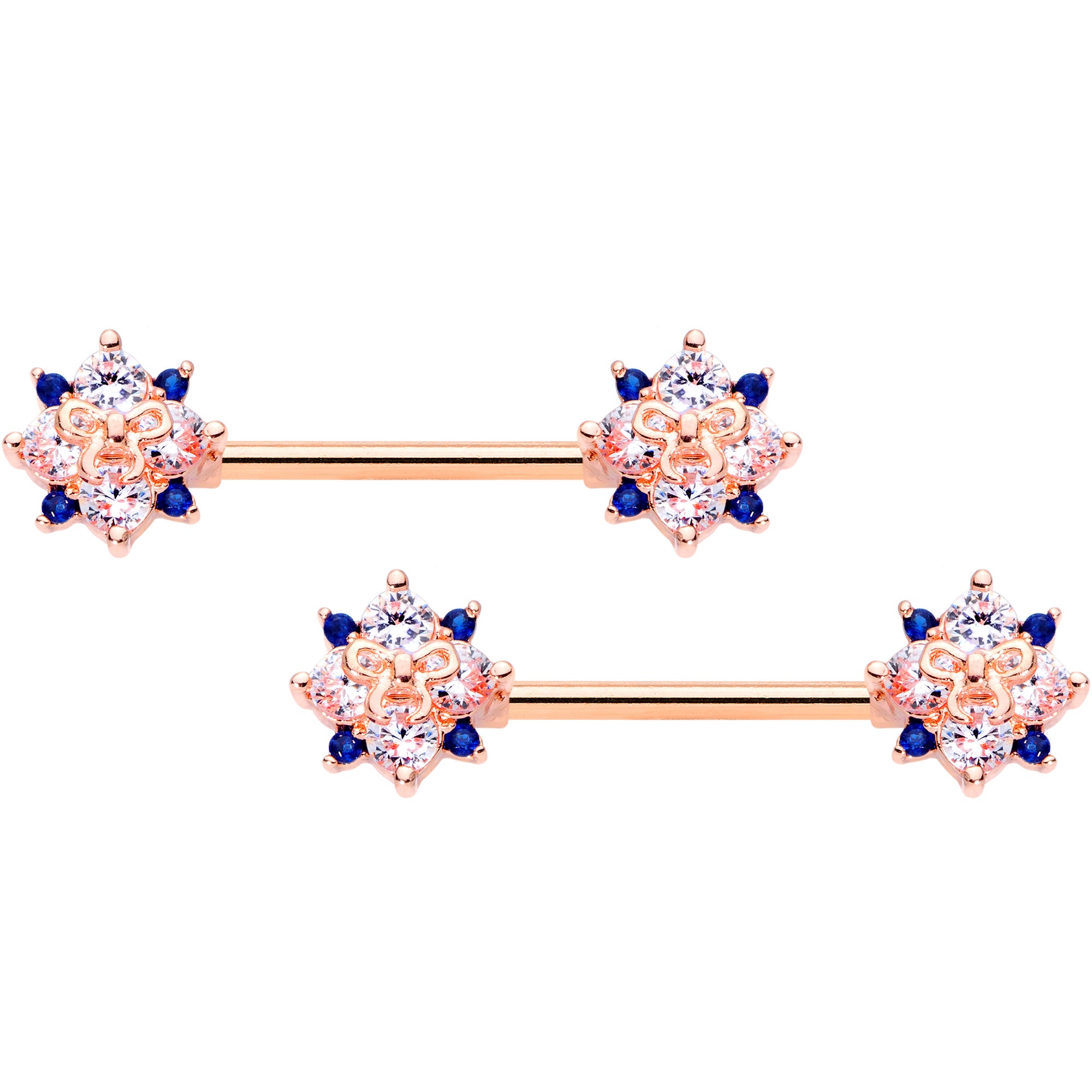 14G 9/16 Clear CZ Gem Rose Gold Tone Bow Star Barbell Nipple Set