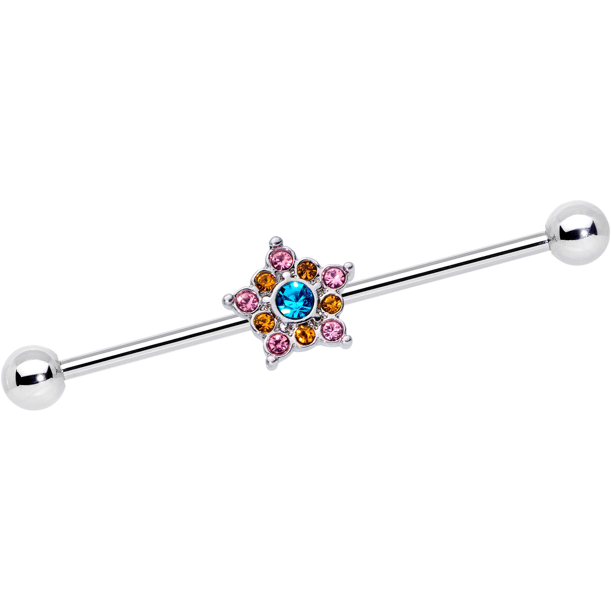 14G Pink Yellow Blue Gem Showy Star Industrial Barbell 38mm