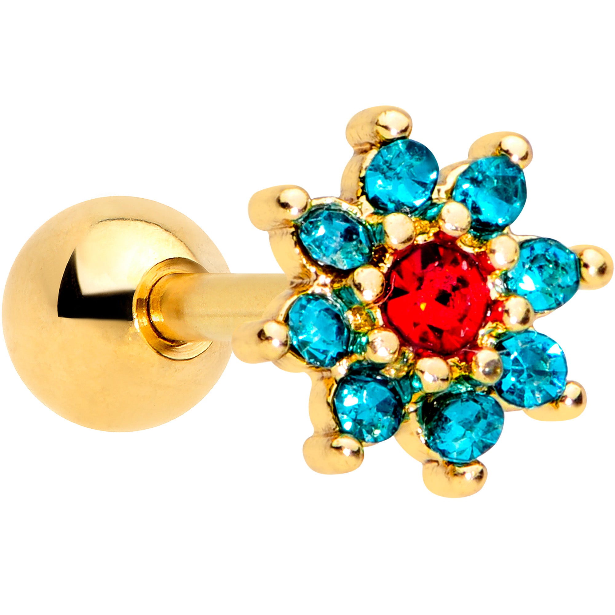 16G 1/4 Green Red Gem Gold Tone Flower Christmas Cartilage Tragus