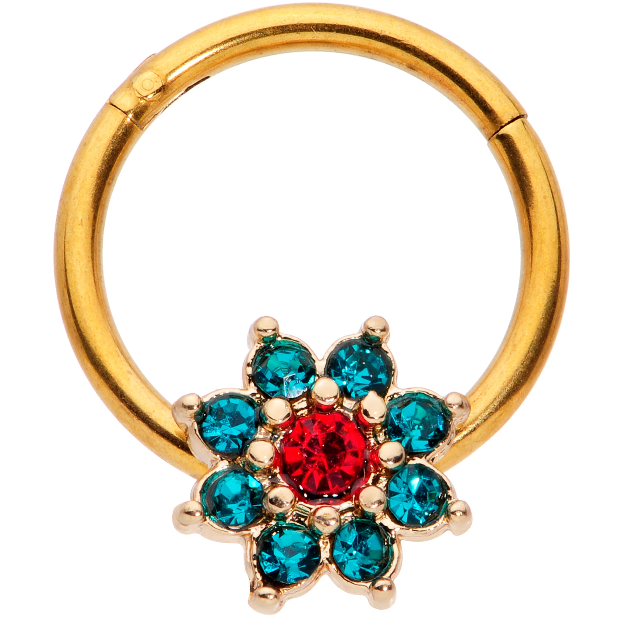 16G 5/16 Red Gem Gold Tone Christmas Flower Hinged Segment Ring