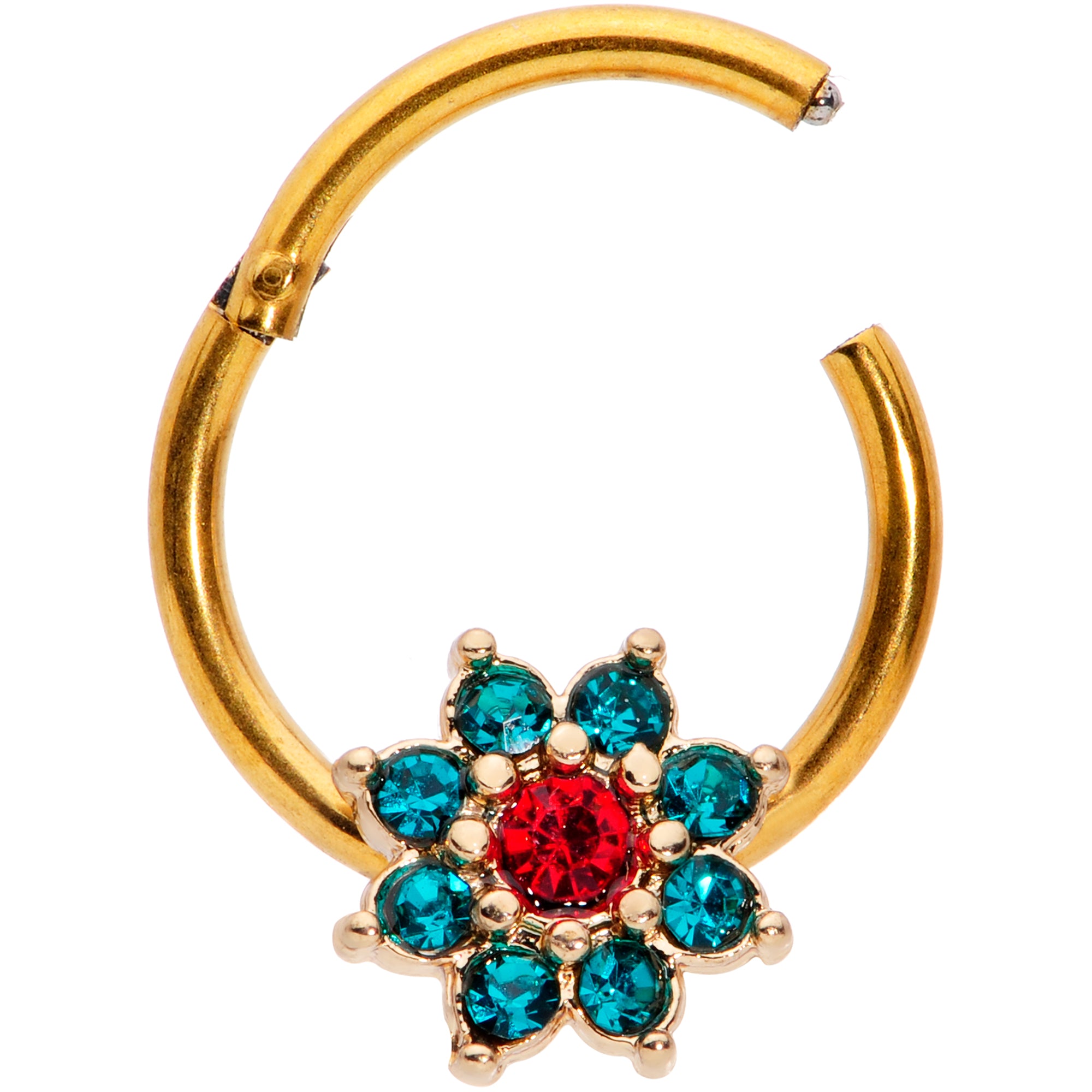 16G 5/16 Red Gem Gold Tone Christmas Flower Hinged Segment Ring