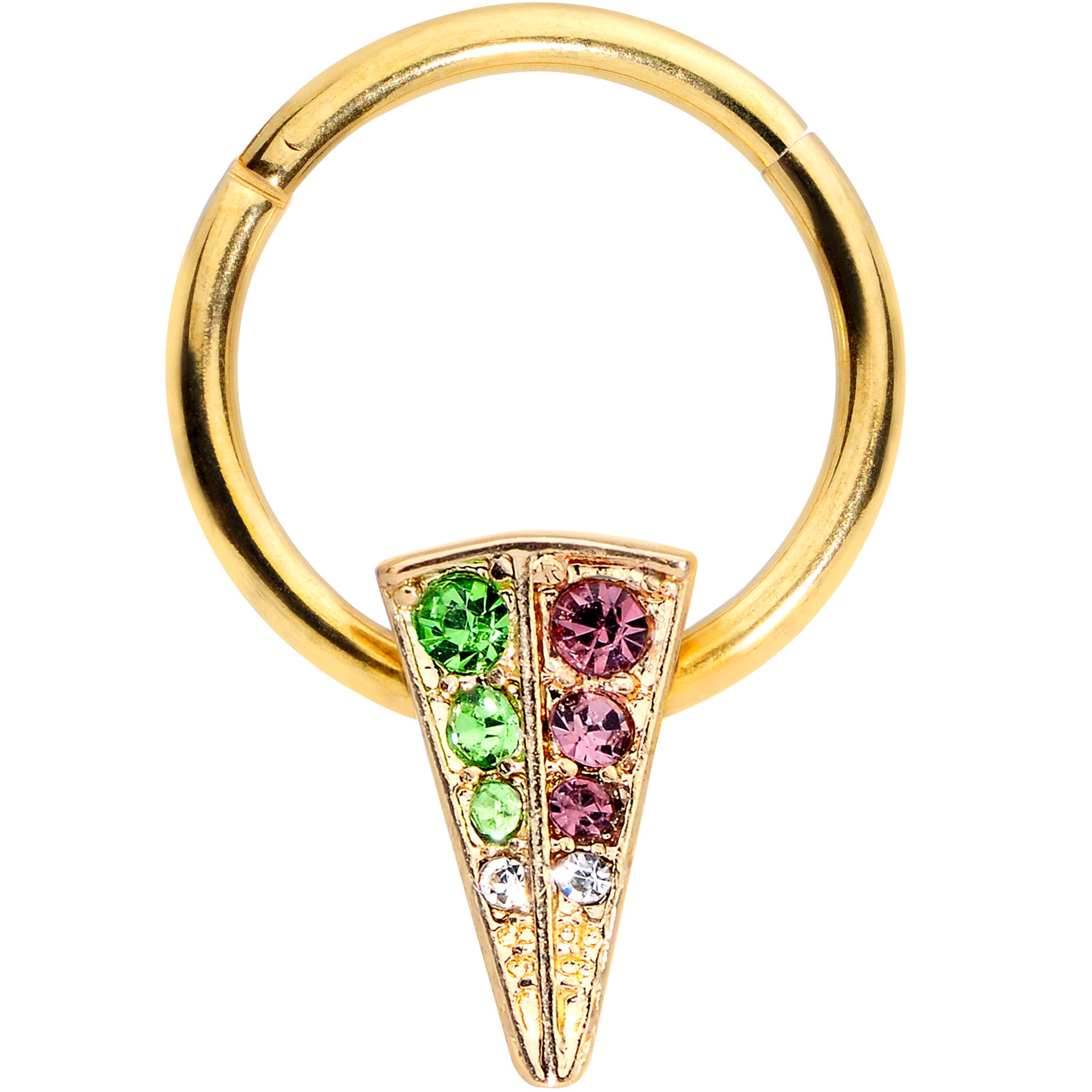 16G 3//8 Pink Green Gem Gold Tone Triangle Hinged Segment Ring