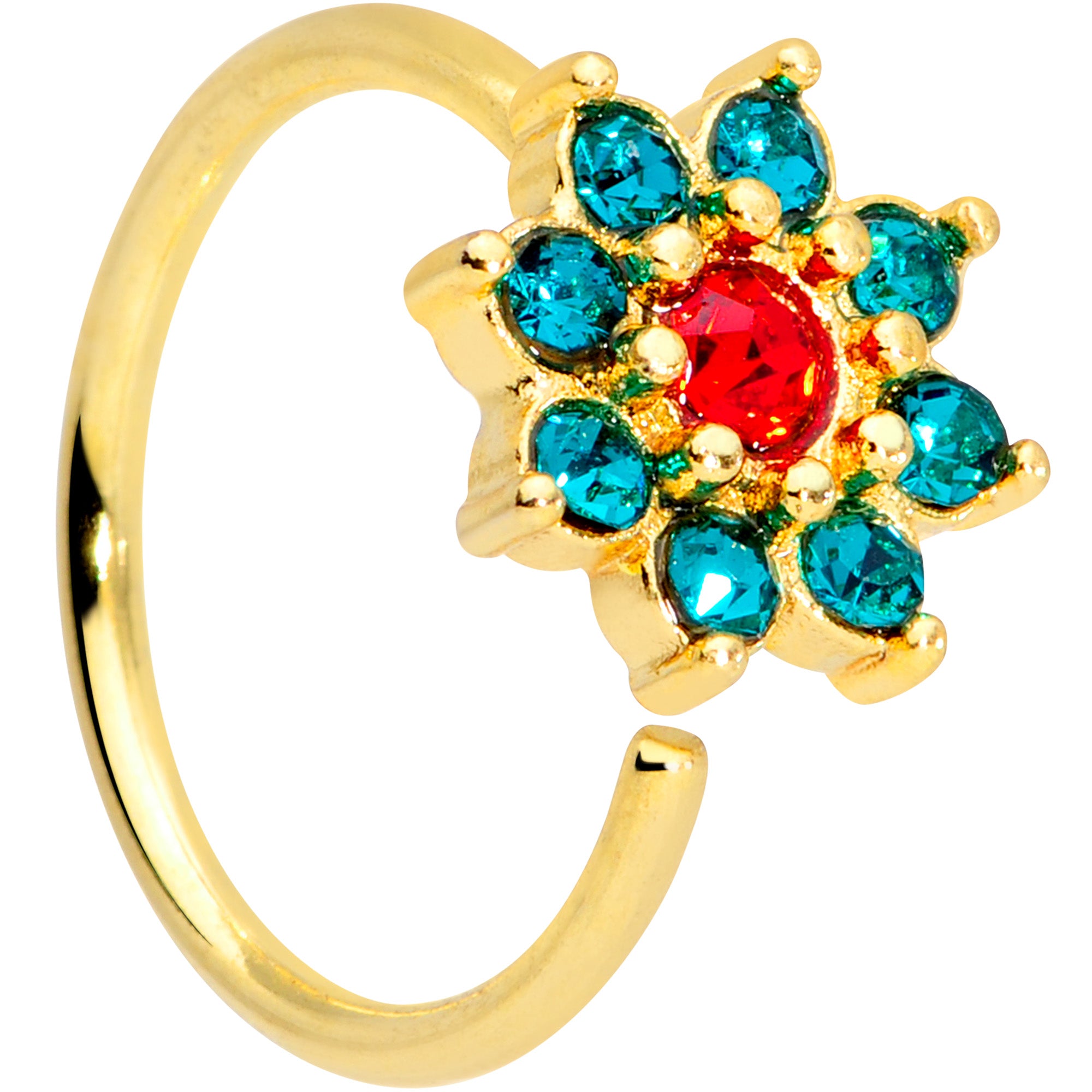 18G 3/8 Red Green Gem Gold Tone Christmas Flower Nose Hoop