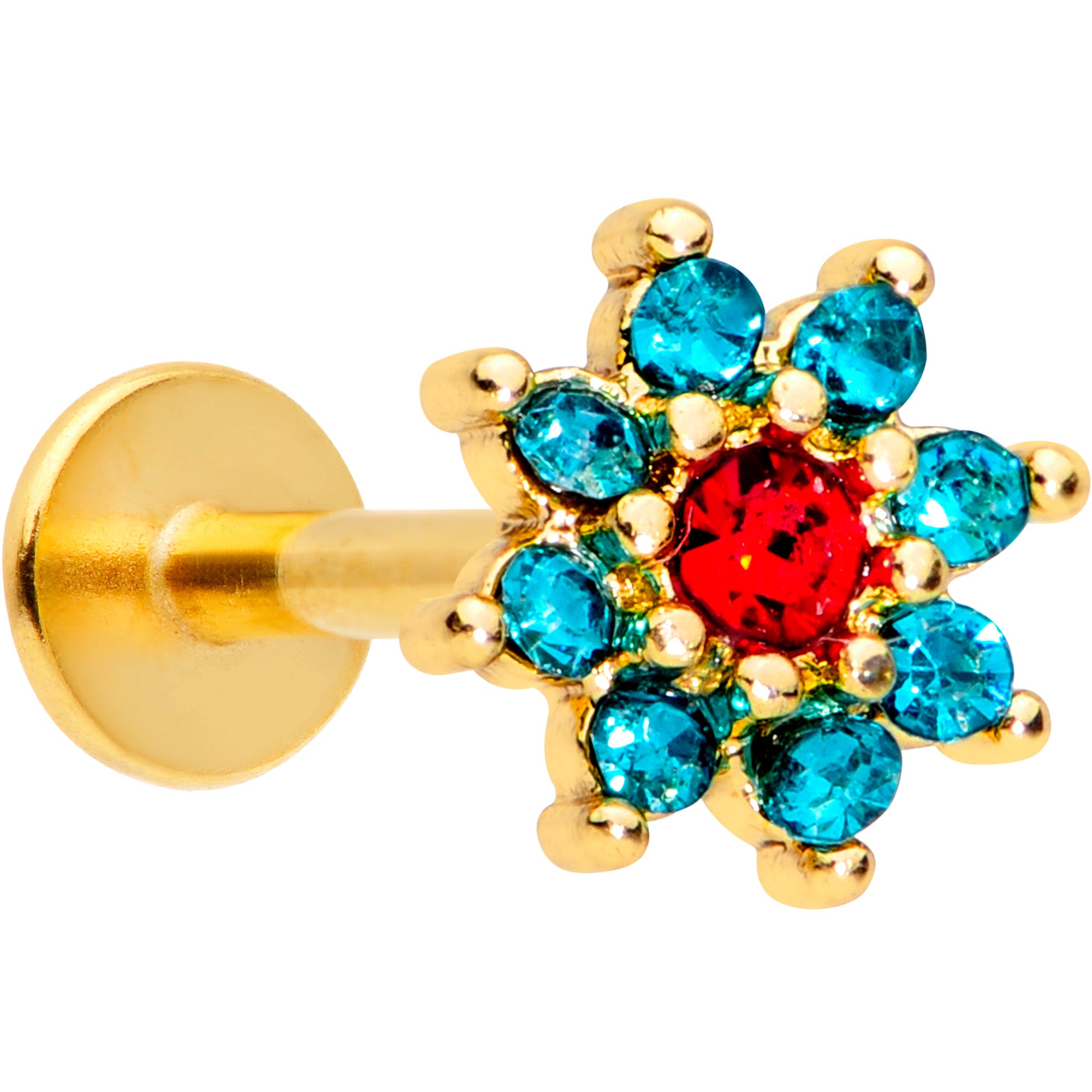 16G 3/8 Red Green Gem Gold Tone Christmas Flower Labret Tragus