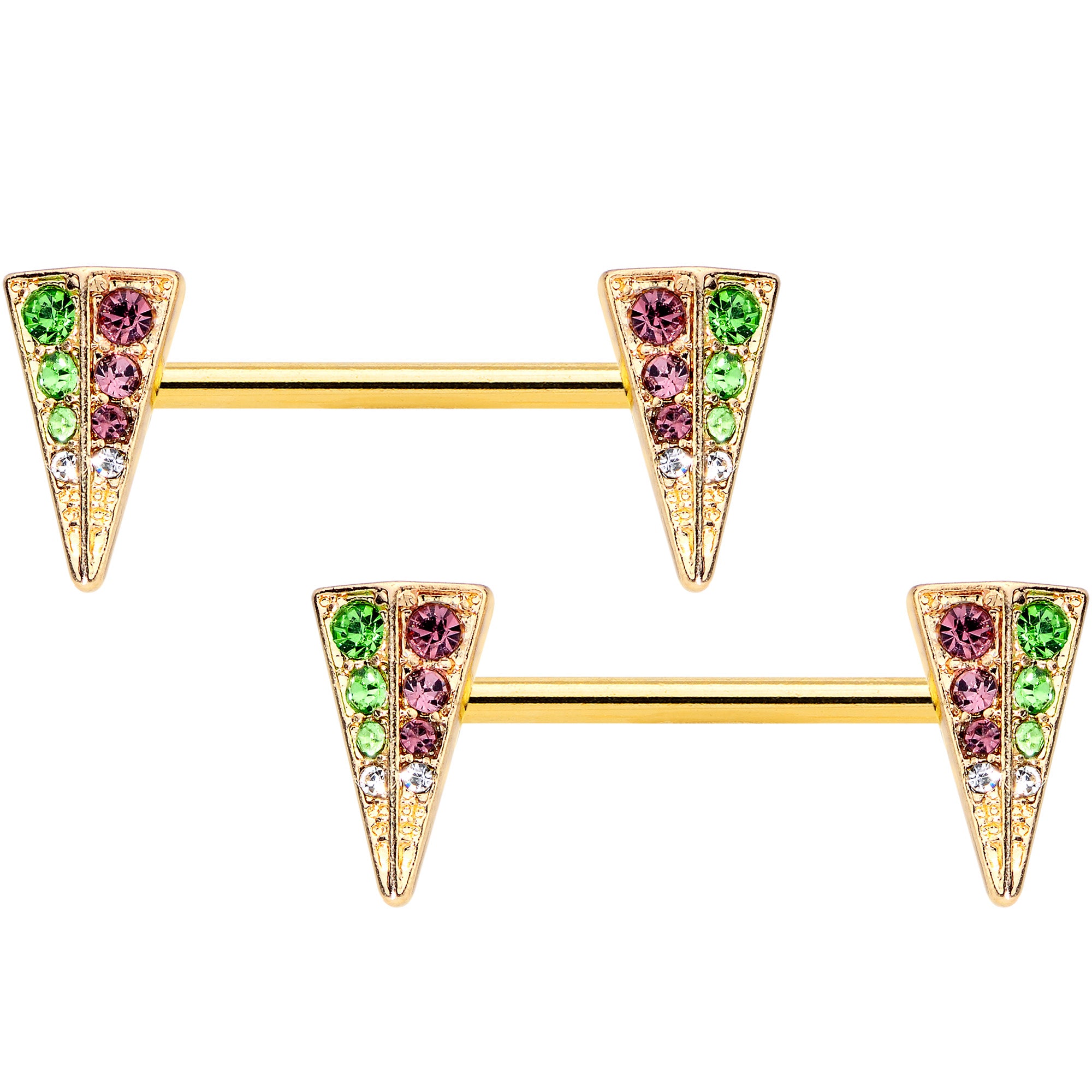 14G 9/16 Pink Green Gem Gold Hue Triangle Barbell Nipple Ring Set