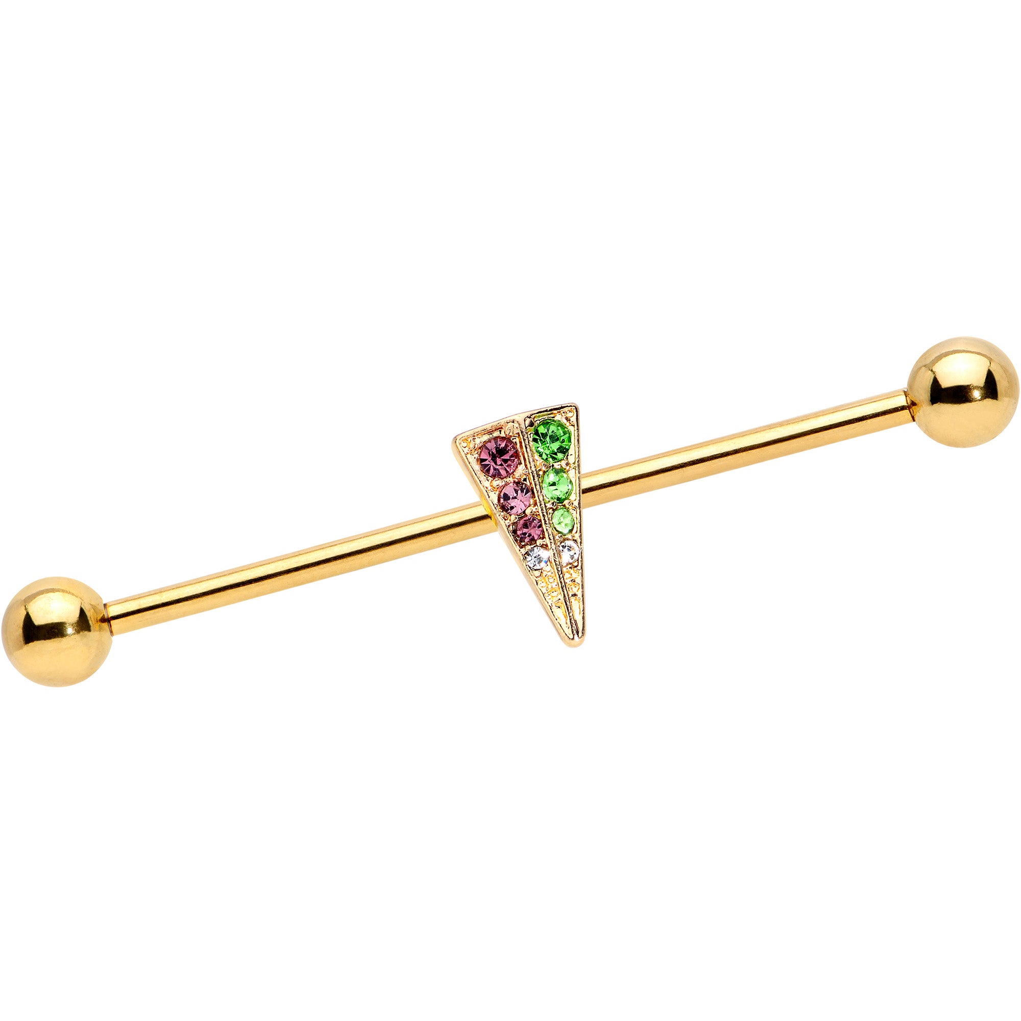 14G Pink Green Gem Gold Tone Triangle Industrial Barbell 38mm