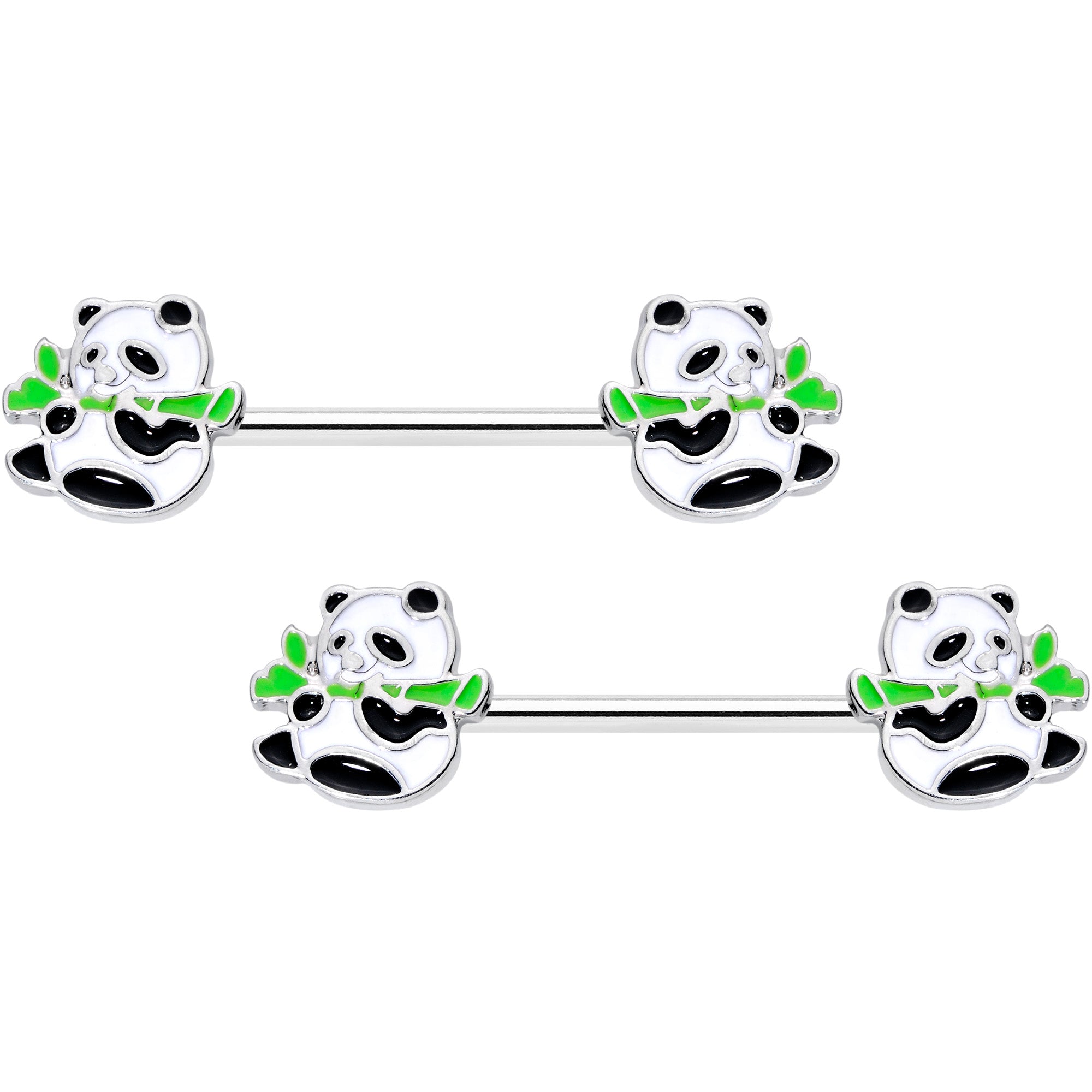 14G 9/16 Black White Hungry Panda Bear Barbell Nipple Ring Set