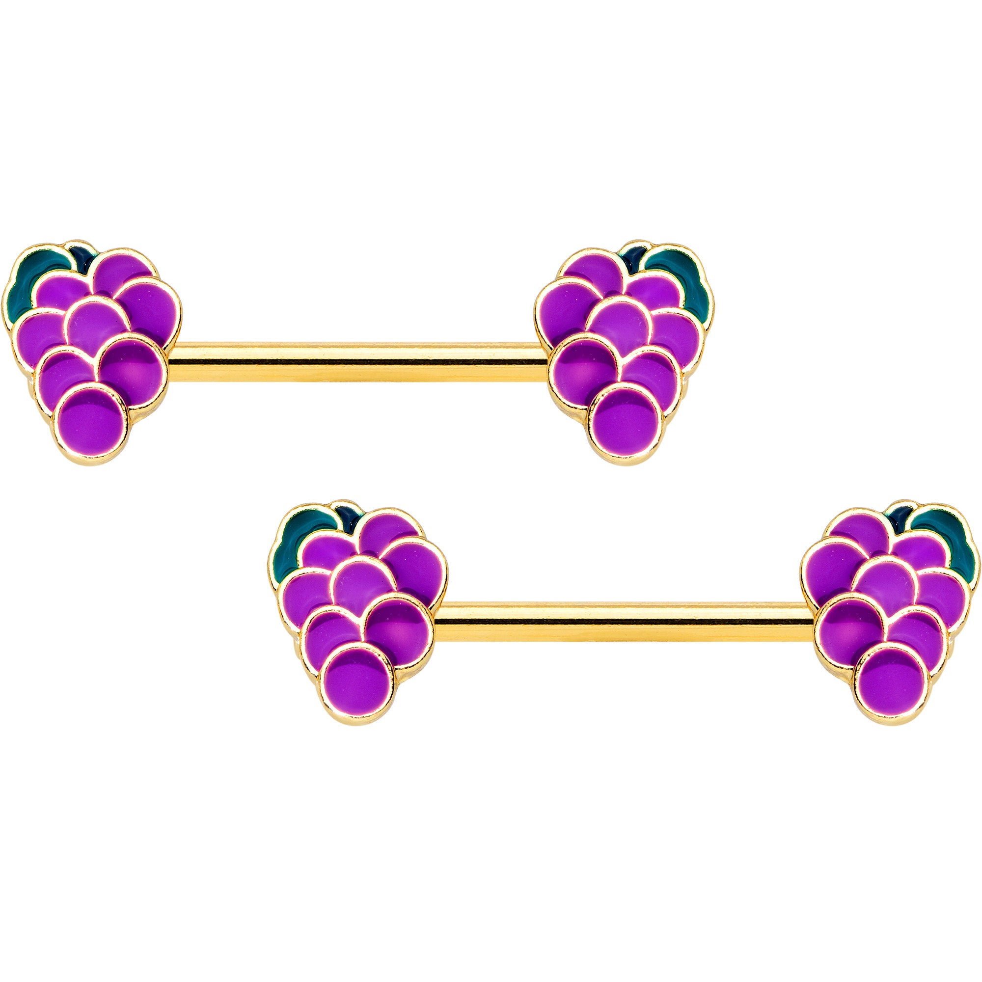 14G 9/16 Gold Tone Sweet Purple Grapes Barbell Nipple Ring Set