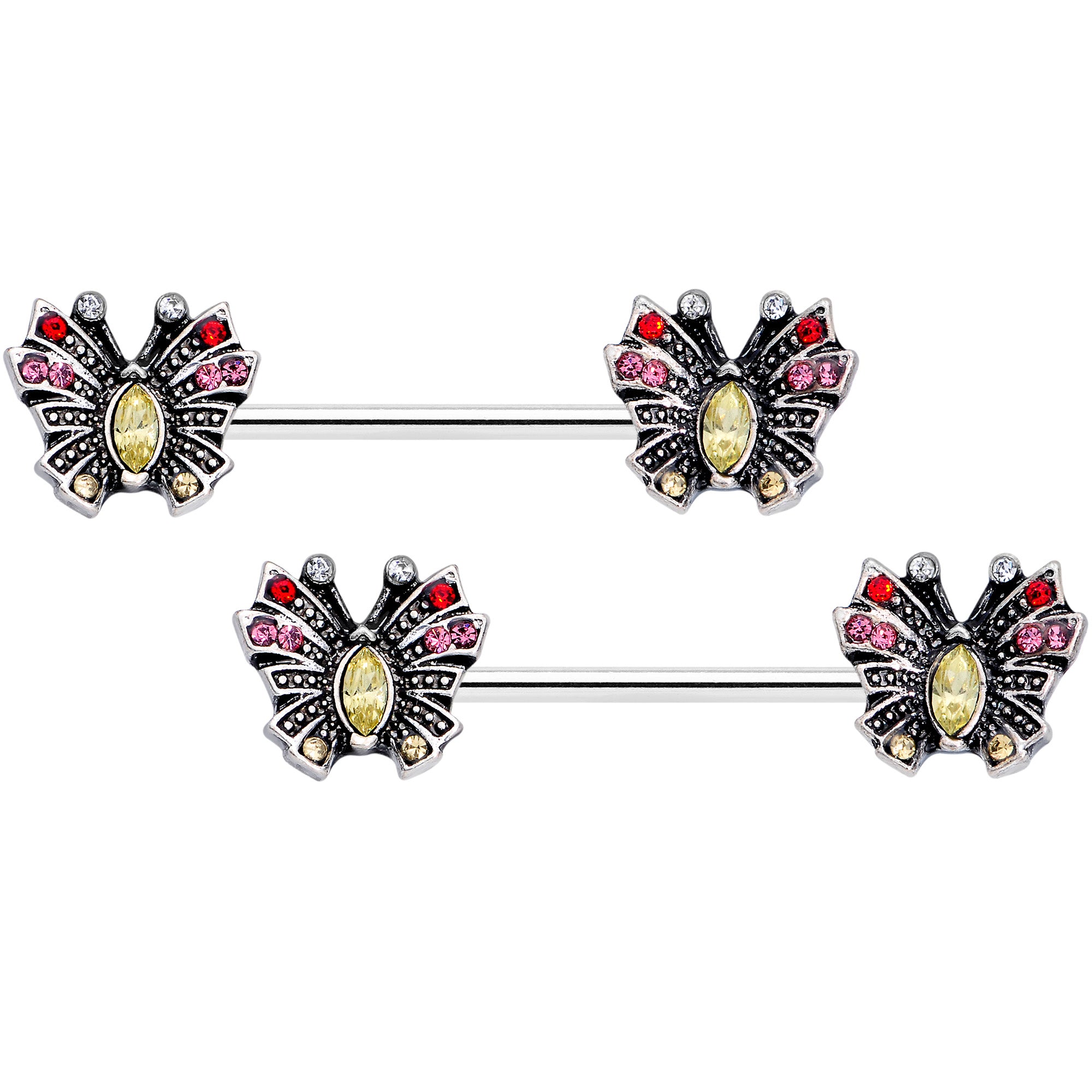 14G 9/16 Red Pink Gem Art Deco Butterfly Barbell Nipple Ring Set